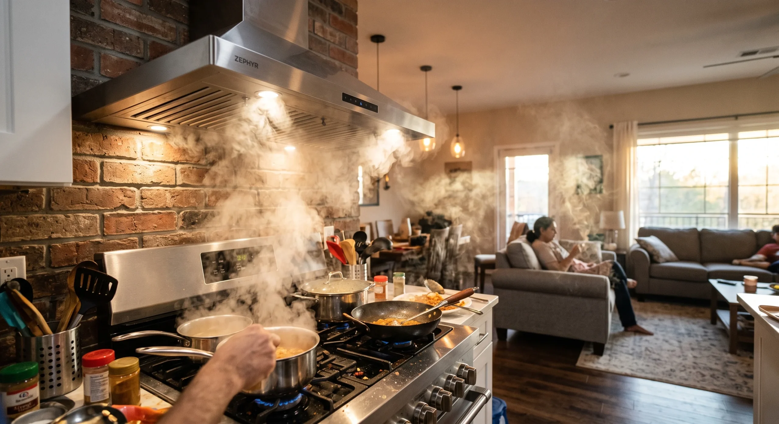 A kitchen range hood venting steam and cooking smoke upward in an open floor plan kitchen, the scent visibly drifting toward an adjacent living area, warm cooking light, close angled shot emphasizing the open connection between zones.