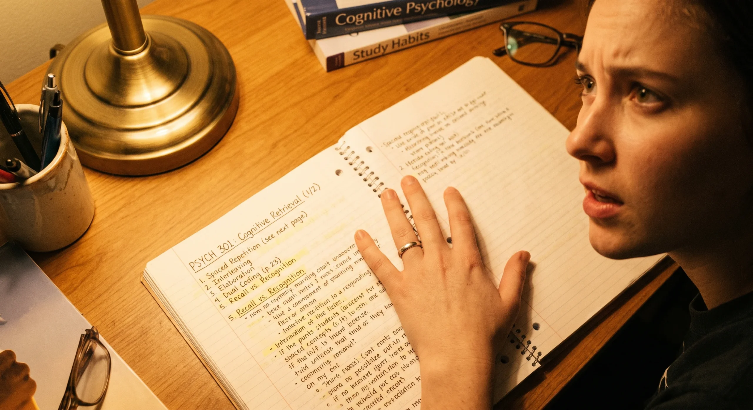 A student's hand covering half a notes page while reciting the covered content aloud from memory, warm desk lamp light, close overhead shot emphasizing the covered text and the recalling expression.