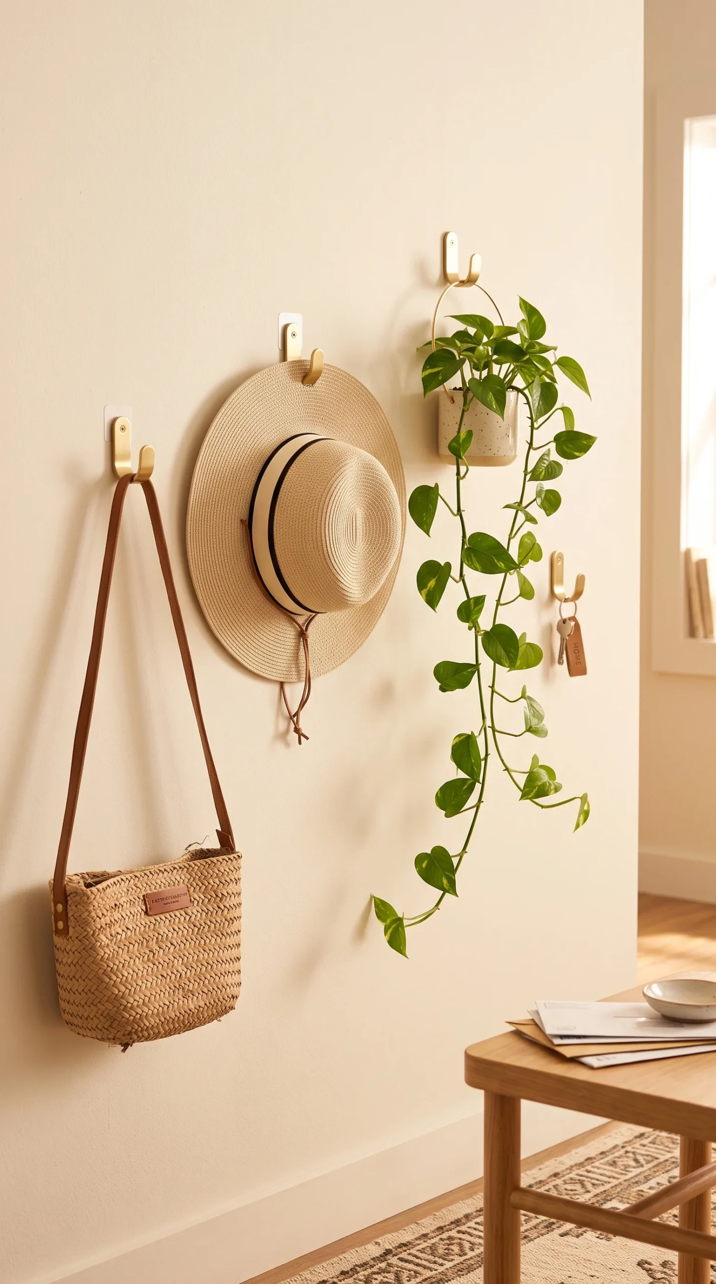 A cluster of small brass adhesive hooks on a plain wall holding a woven straw bag, a sun hat, and a trailing pothos plant in a small pot, warm entryway lighting, close vertical composition emphasizing varied hook heights.