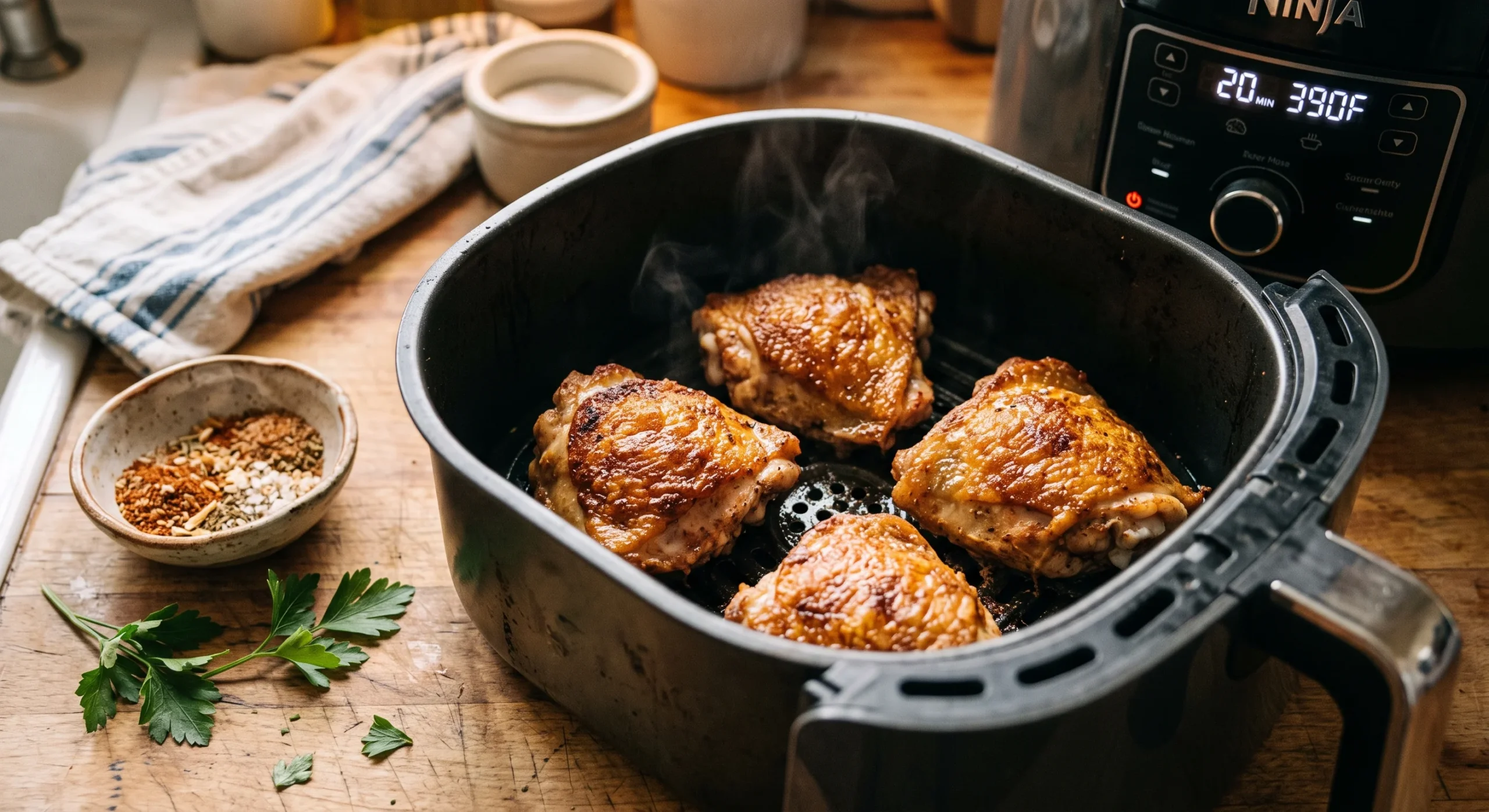 Close-up of golden crispy chicken thighs resting in an air fryer basket, skin glistening under warm kitchen light, a small bowl of spice rub and fresh parsley nearby, steam faintly rising, cozy home-kitchen composition rather than studio-styled.