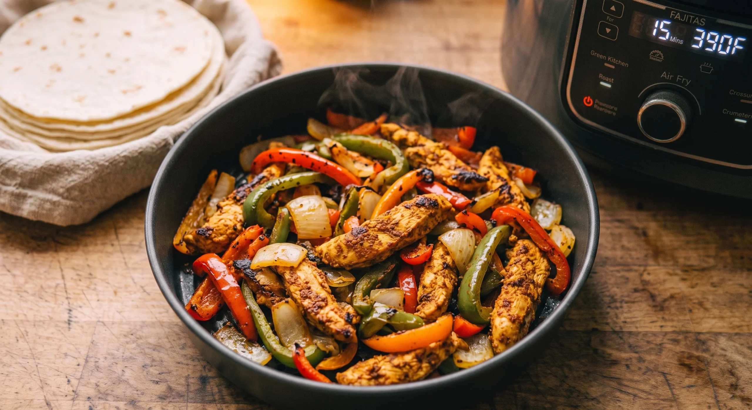 Sliced bell peppers, onions, and seasoned chicken strips arranged together in an air fryer basket with slightly charred edges, warm colorful composition, a stack of tortillas blurred in the background.