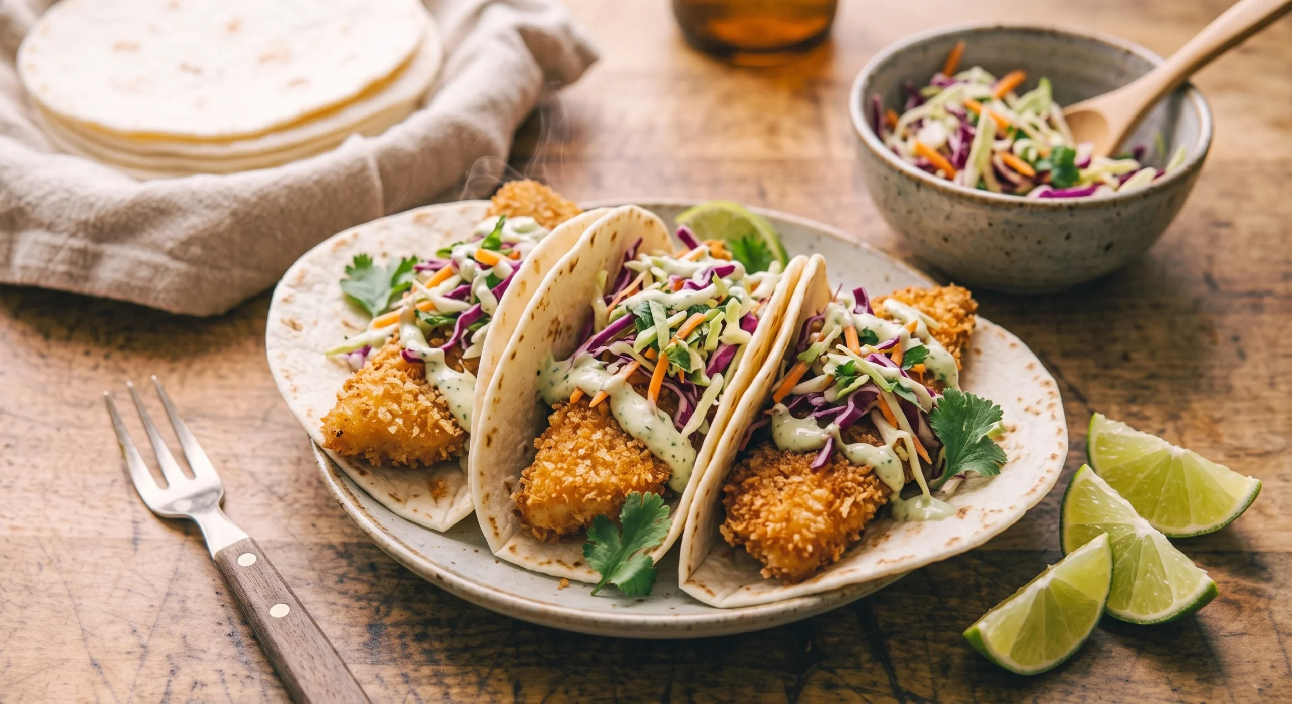 Crispy breaded fish fillets tucked into warm tortillas with a bright cabbage slaw and lime wedges, warm natural light, casual taco-night table setting, close appetizing composition.
