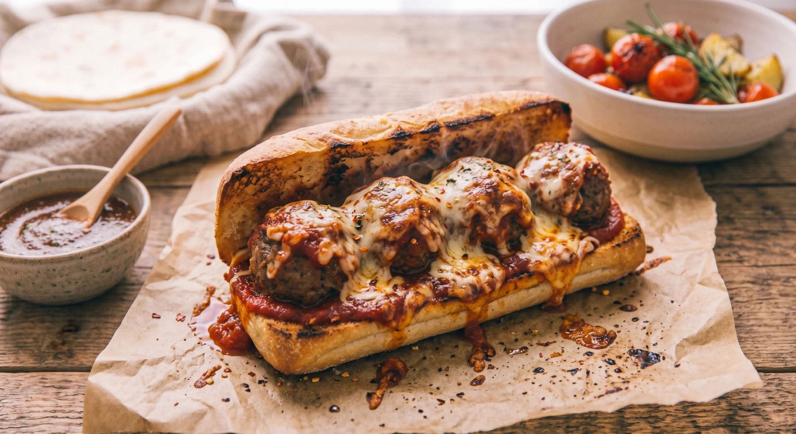 A toasted sub roll piled with meatballs and melted cheese, resting on parchment paper, warm overhead kitchen light, a little marinara sauce visible at the edges, close casual dinner shot.