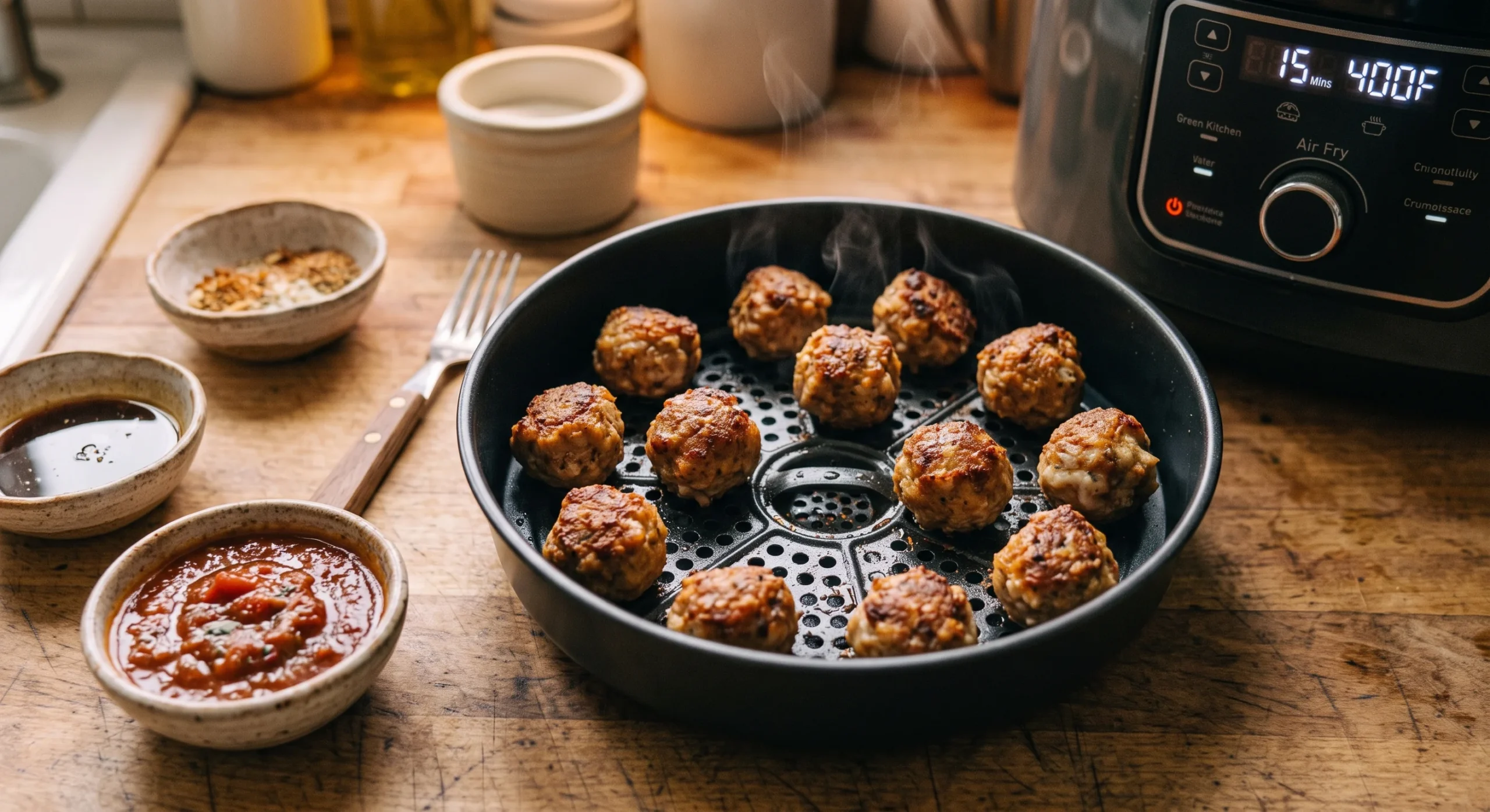 A batch of browned, slightly crisp meatballs arranged in an air fryer basket, a small dish of marinara sauce nearby, warm overhead kitchen light, casual home-cooking styled composition.