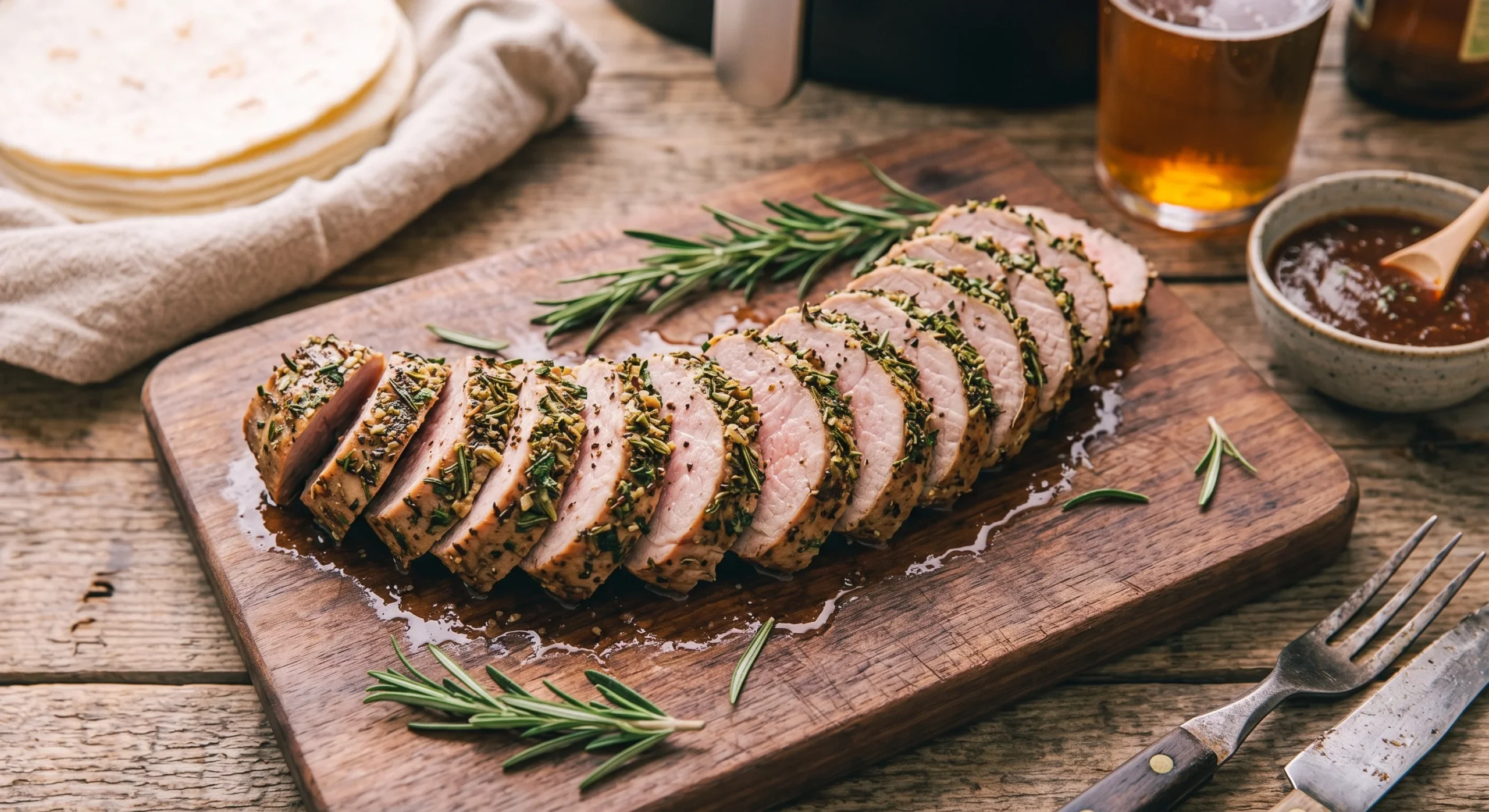 A sliced herb-crusted pork tenderloin fanned out on a wooden cutting board, juices glistening, fresh rosemary sprigs scattered nearby, warm natural side light, rustic dinner-table composition.