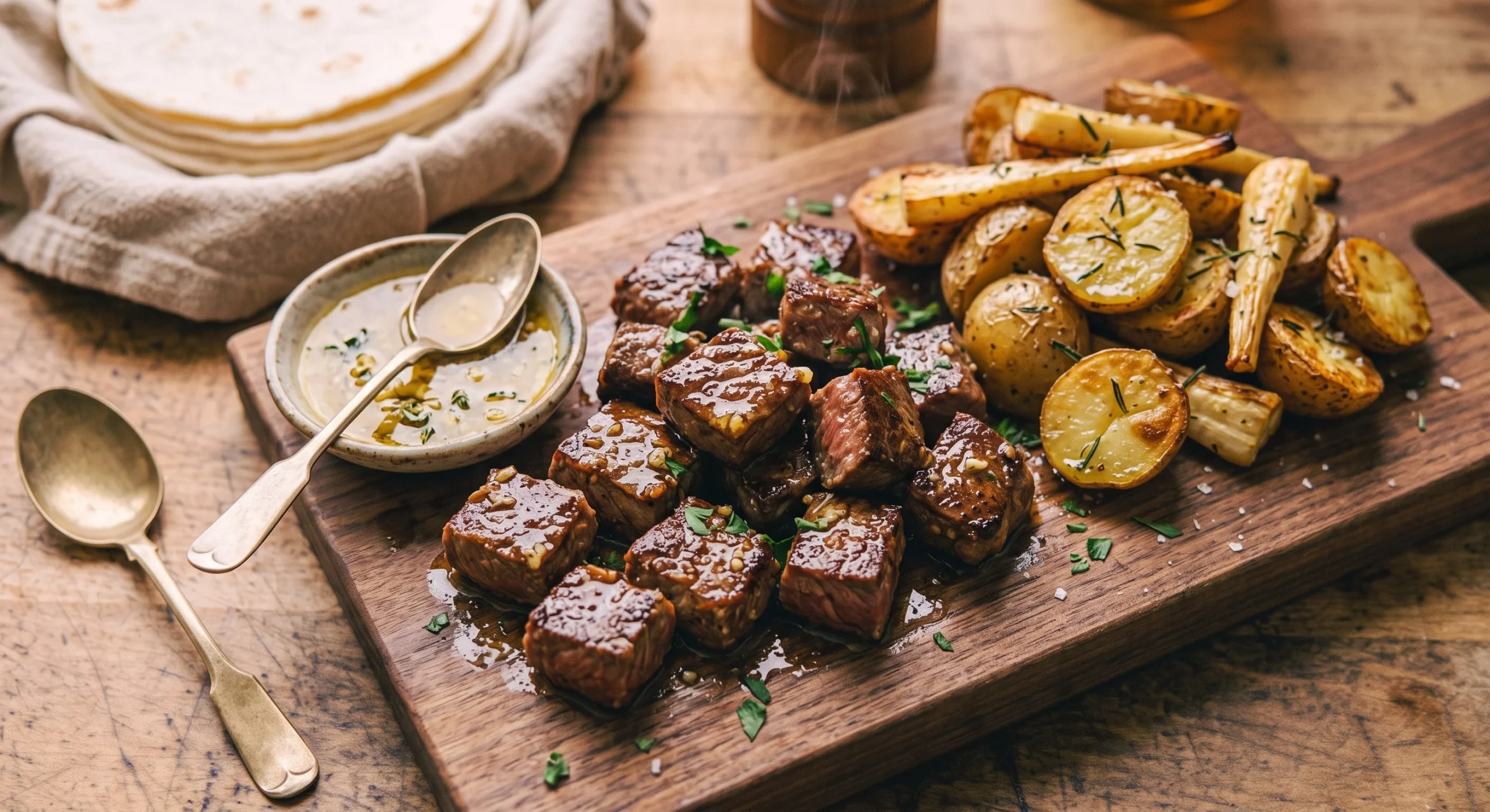Seared cubed steak pieces tossed in melted garlic butter, glistening under warm light, resting on a wooden board beside roasted potatoes, close rustic dinner-table composition.