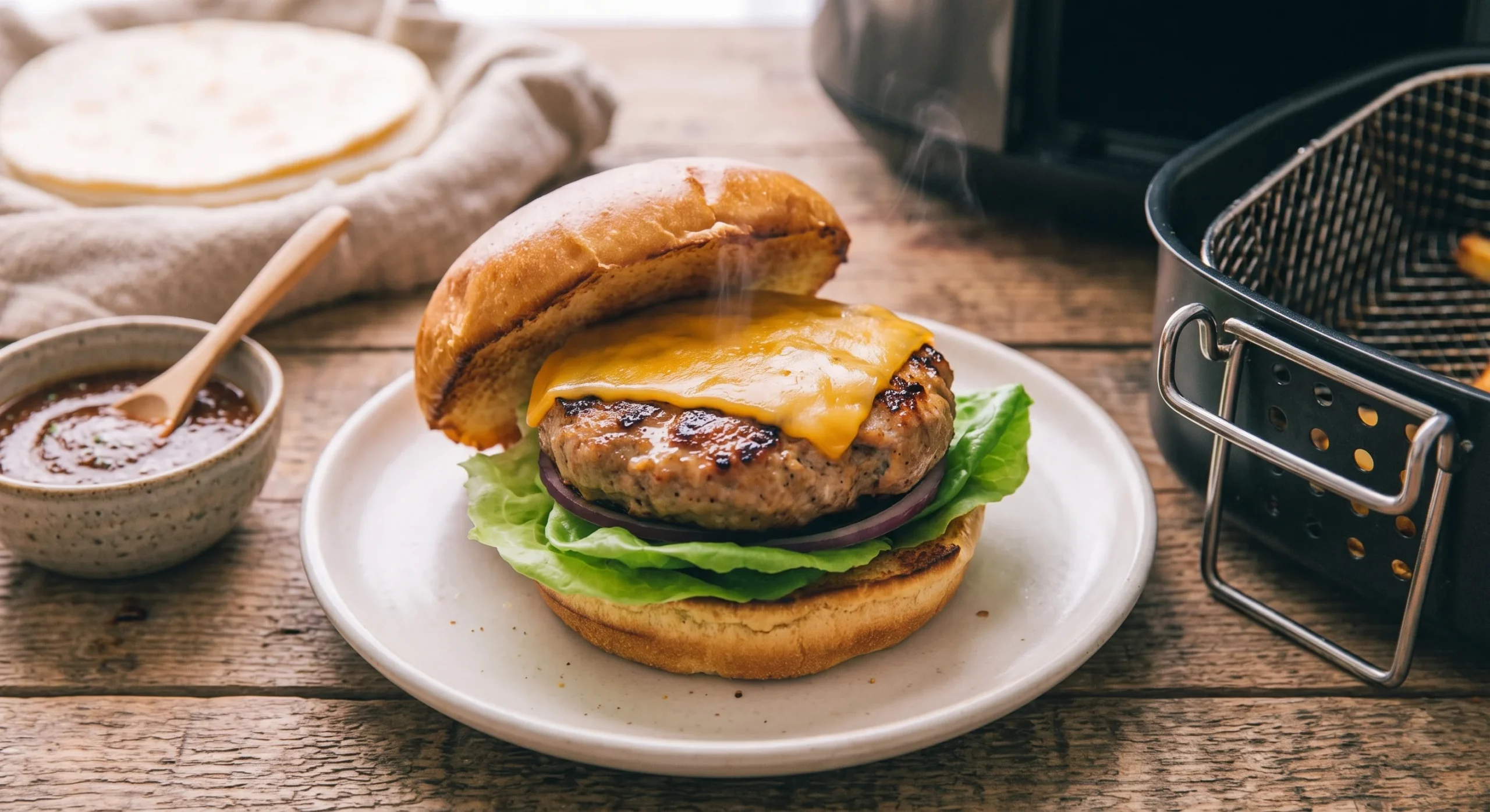 A juicy turkey burger patty on a bun with lettuce and cheese, resting beside the air fryer basket, warm casual kitchen light, close appetizing dinner-table composition.