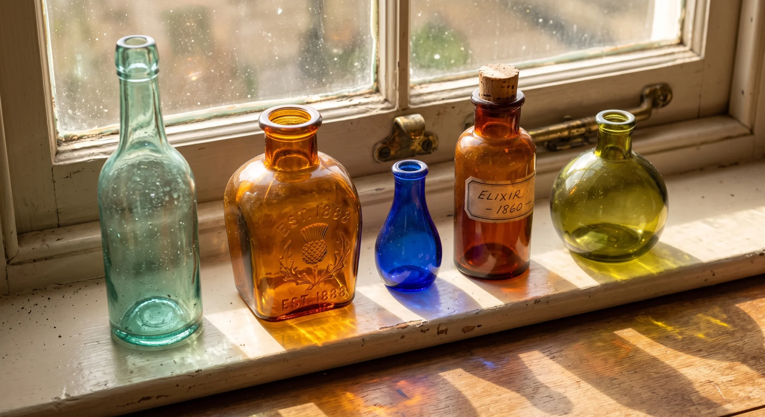 A cluster of antique colored glass bottles arranged on a sunlit windowsill, warm light passing through the amber and green glass, close angled shot emphasizing the bottles' varied shapes and the colored light they cast.