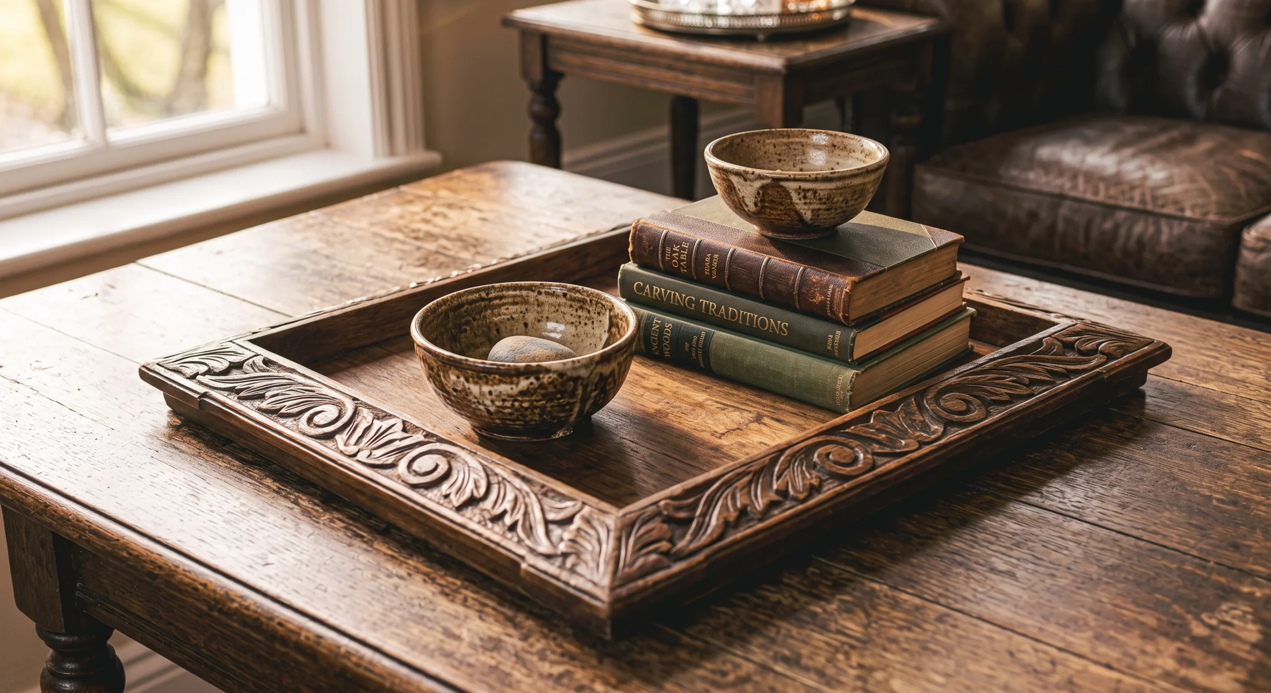 A carved antique wooden tray holding a small stack of books and a ceramic bowl on a coffee table, soft natural light emphasizing the tray's aged wood grain and carved edge detail, close overhead shot.
