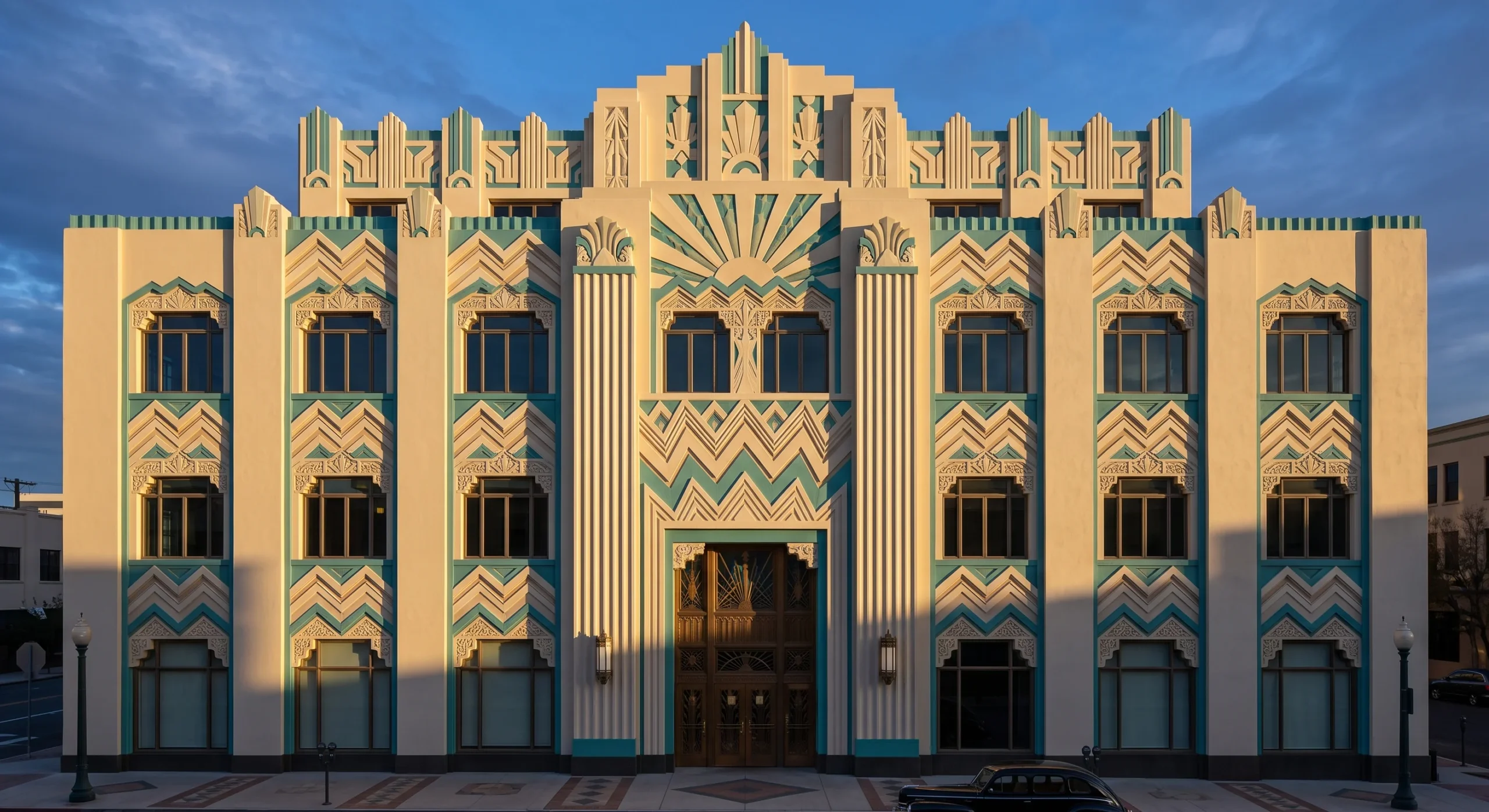 An Art Deco building facade with bold geometric zigzag reliefs, vertical fluted pilasters, a stepped rooflineparapet, smooth stucco in cream and teal accent tones, dramatic raking light, straight-on shot emphasizing the geometric ornament.