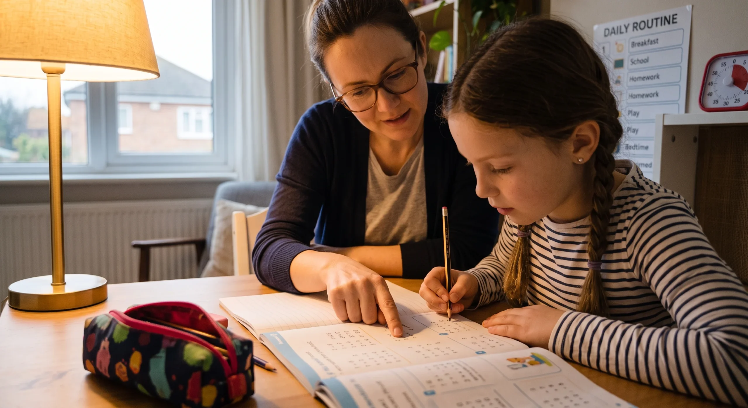 A parent leaning in slightly with a curious expression, pointing at a math worksheet without touching the pencil, child's hand still holding the pencil independently, warm table lamp light, close shot emphasizing the pointing gesture rather than writing.
