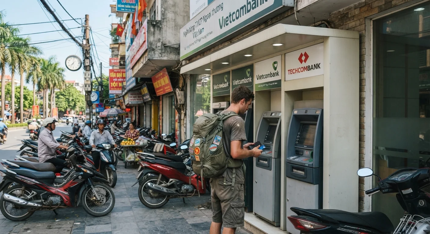 Street-level shot of a row of ATMs outside a bank branch in a busy Southeast Asian city, a backpacker withdrawing cash, motorbikes parked nearby, bright afternoon sunlight, candid documentary street photography style.
