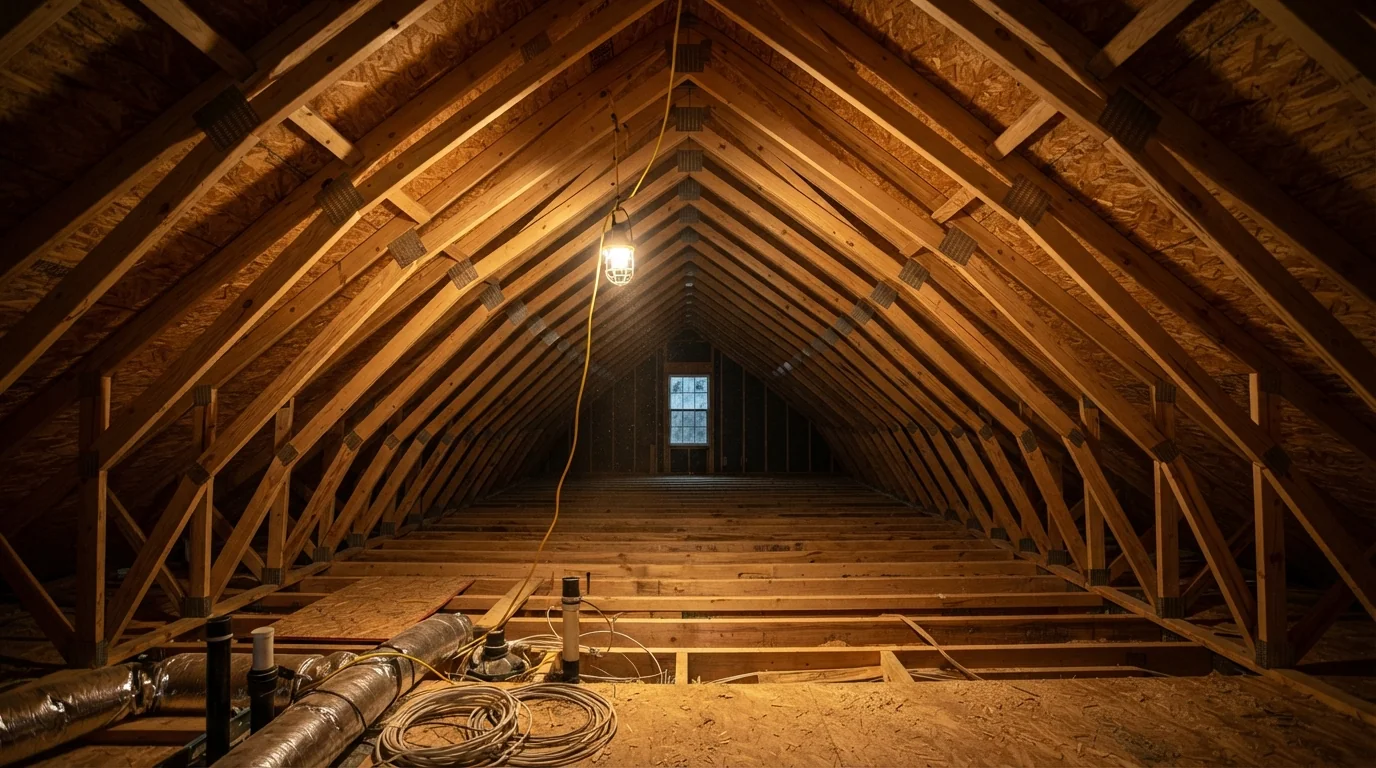 Wide shot inside an unfinished attic space showing exposed roof trusses and ceiling joists, a single hanging work light illuminating the wood framing, dusty warm tones, technical residential construction photography composition.