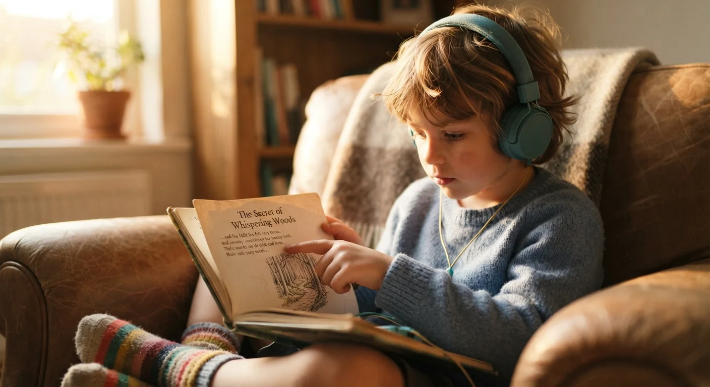Child wearing headphones in a reading chair, following the words of a printed book with a finger