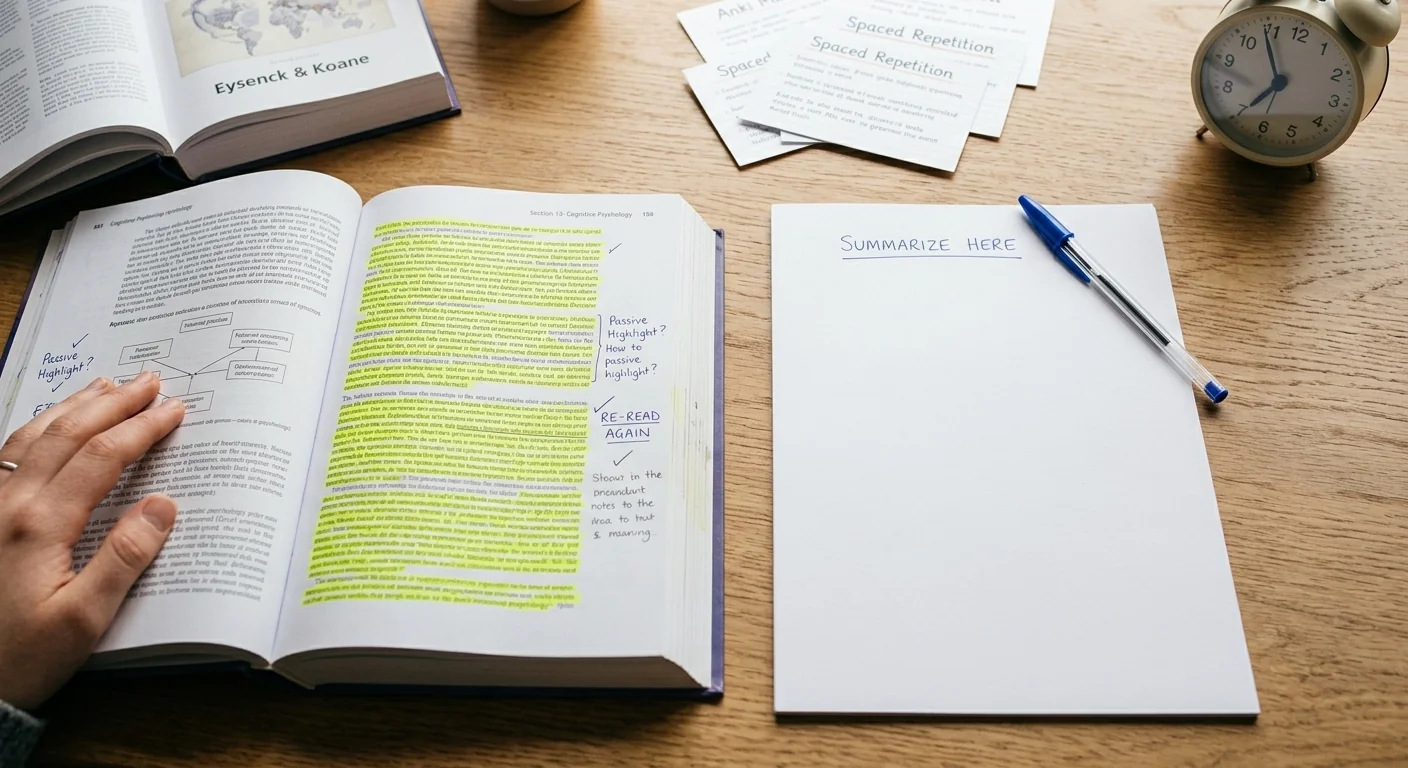 A heavily highlighted textbook page with almost every line marked in yellow, beside a blank sheet of paper waiting for a written summary, soft natural light, close overhead shot emphasizing the contrast between passive highlighting and active work.