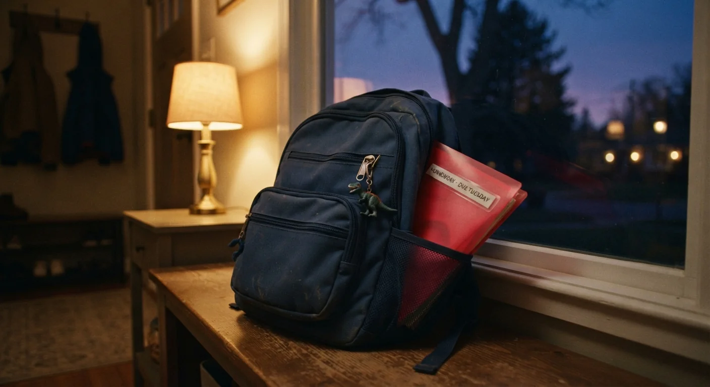 A child's backpack left unopened by the front door at dusk, homework folder peeking out untouched, warm entryway lamp light, close angled shot emphasizing the unopened bag against the darkening window behind it.