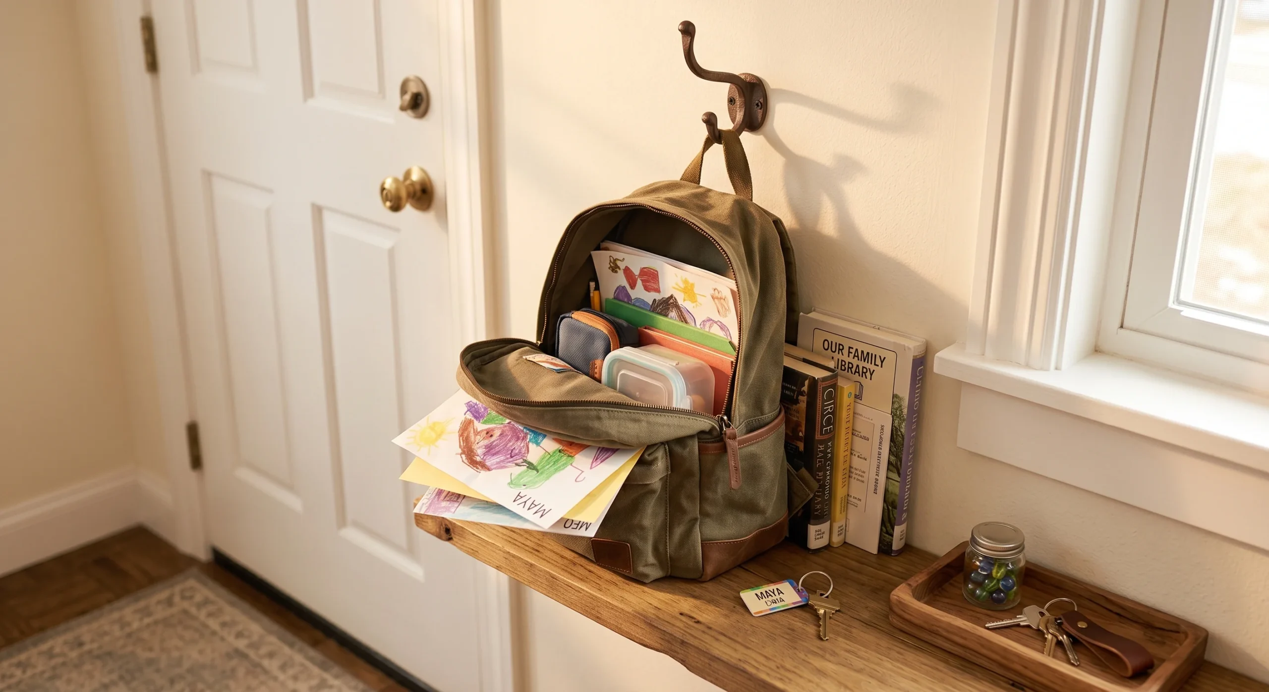 A small designated hook and shelf area near the entry for unpacking a backpack immediately after arriving home, warm afternoon light, close angled shot emphasizing the hook, shelf, and open backpack.