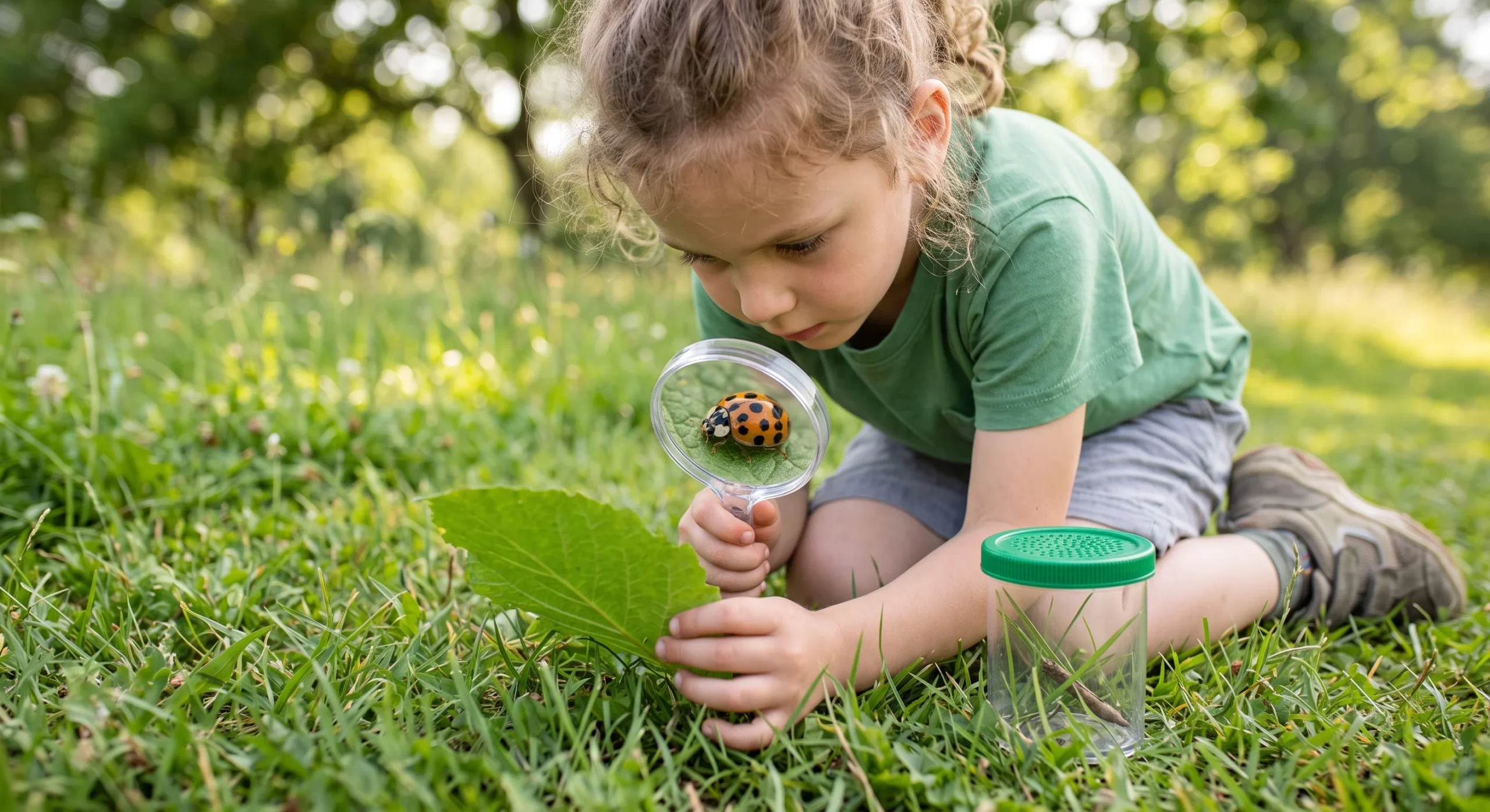 A child kneeling on grass with a magnifying glass examining a beetle on a leaf, a small clear bug-catching jar with holes nearby, soft dappled sunlight, close ground-level shot emphasizing the magnified insect detail.