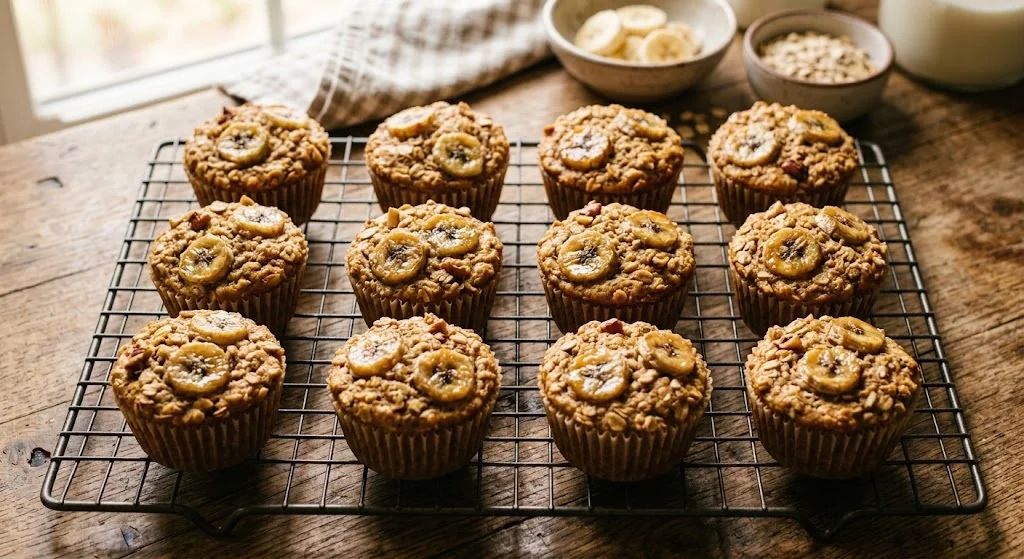 A dozen baked oat cups with a golden top studded with banana slices, cooling on a wire rack, warm natural kitchen light, close homey overhead composition.