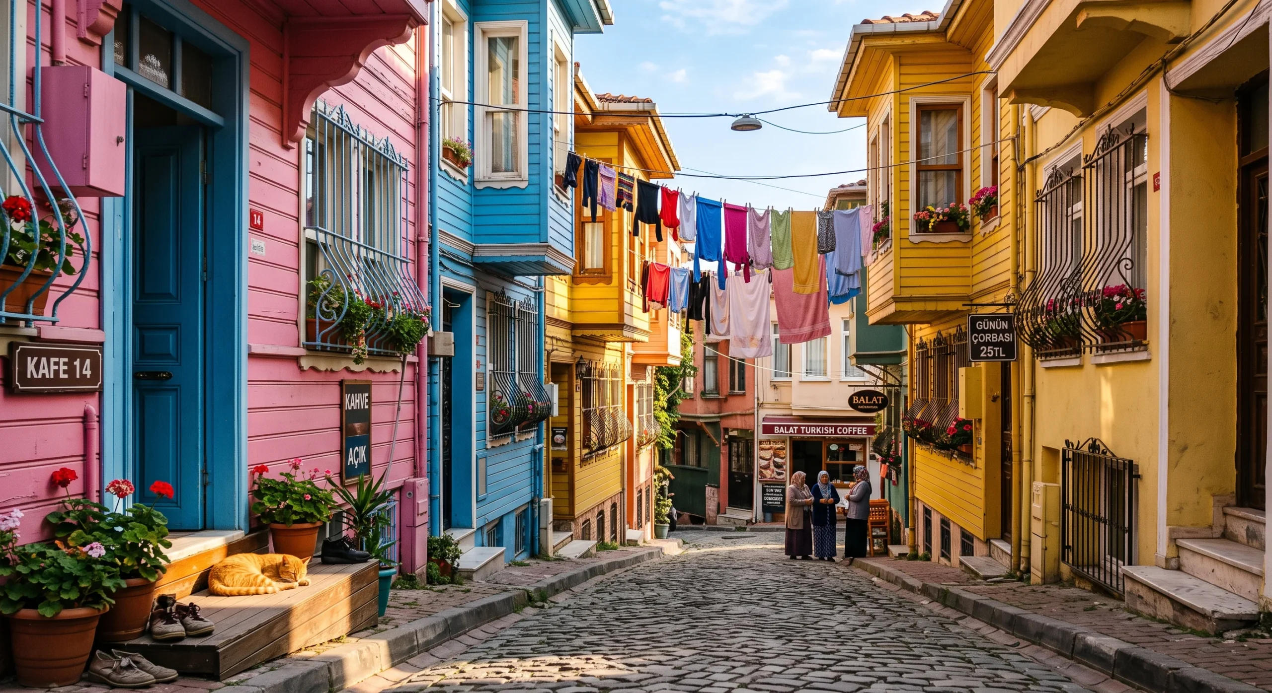 Narrow cobblestone street in Balat lined with brightly colored houses in pink, blue, and yellow, laundry hanging between buildings, a cat resting on a doorstep, warm afternoon light, charming candid street photography composition.