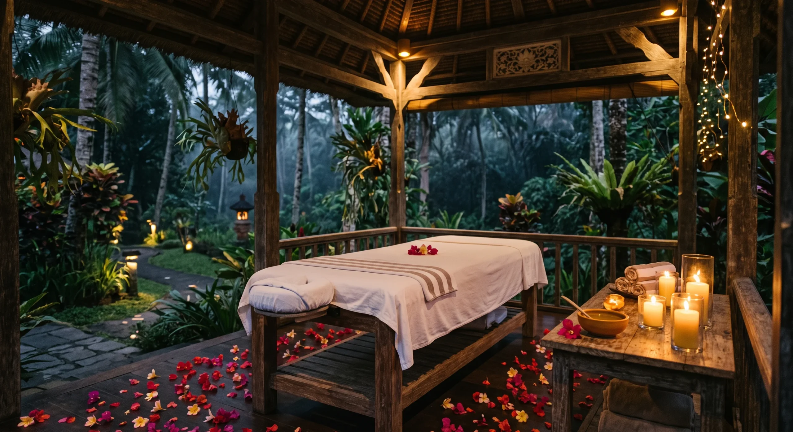 A softly lit outdoor spa pavilion with a massage bed draped in white linen, flower petals scattered nearby, candles and a small bowl of warm oil on a side table, warm dim lighting, tranquil and intimate composition.