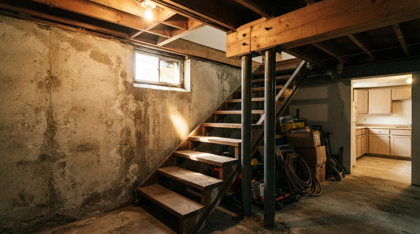Wide shot looking up a basement stairwell toward a support column and exposed foundation wall, sunlight streaming through a small basement window, visible steel support post beneath a wooden beam, documentary architectural photography style.