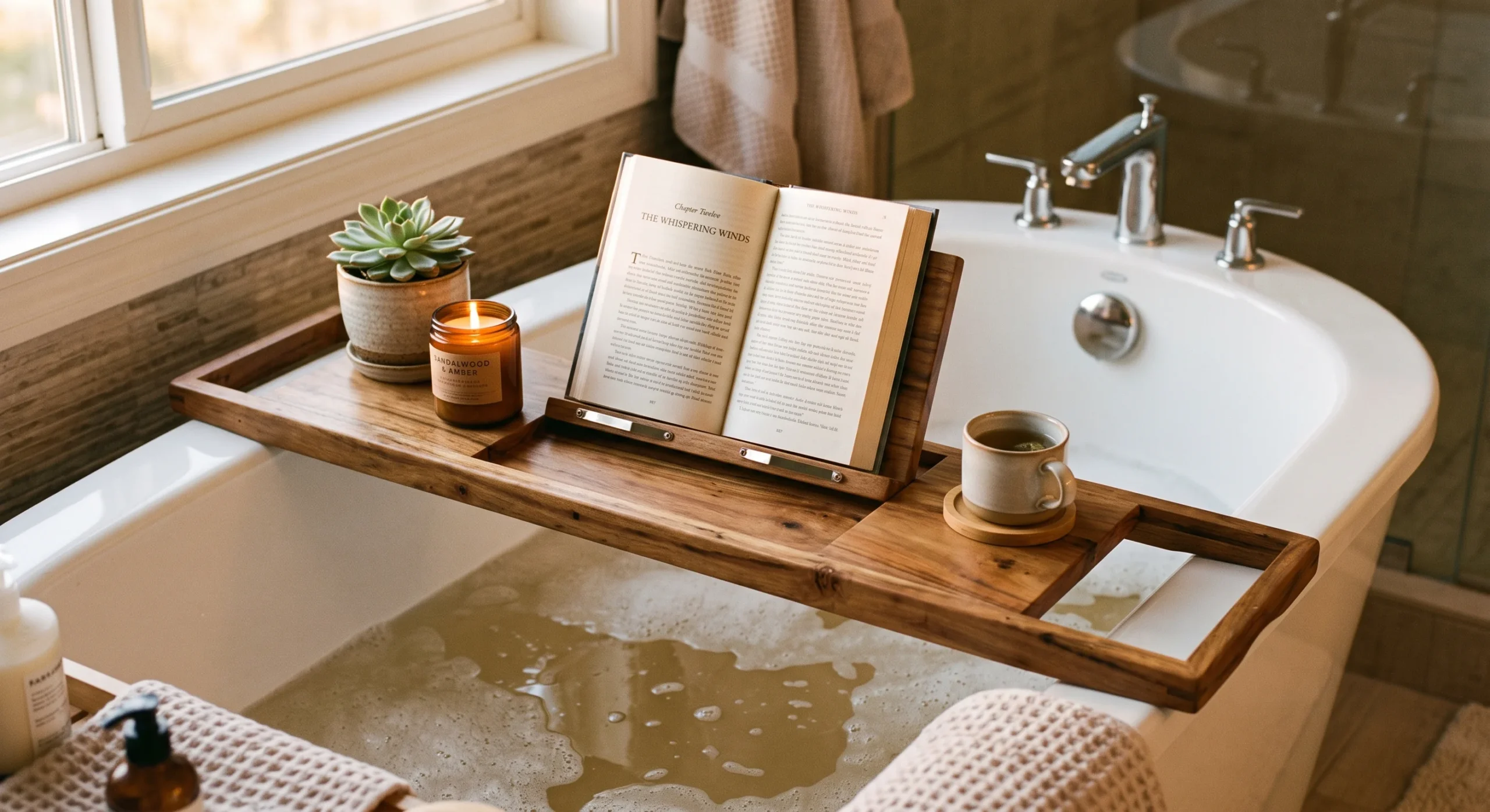 A wood bathtub caddy tray spanning the width of a freestanding tub, holding a book, a candle, and a small plant, warm evening light, close overhead-angle shot emphasizing the tray's snug fit across the tub edges.