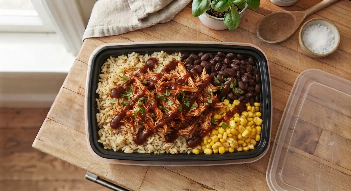 Overhead shot of a BBQ chicken meal prep bowl with shredded barbecue chicken, corn, black beans, and rice, a drizzle of extra barbecue sauce visible, warm rustic kitchen lighting, hearty homestyle food photography.