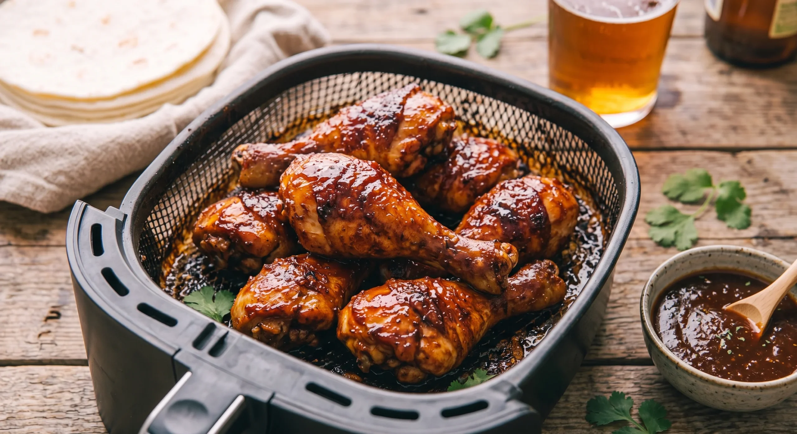 Glossy BBQ-glazed chicken drumsticks with crispy skin arranged in an air fryer basket, warm golden light, a small bowl of extra sauce nearby, casual backyard-style dinner composition.