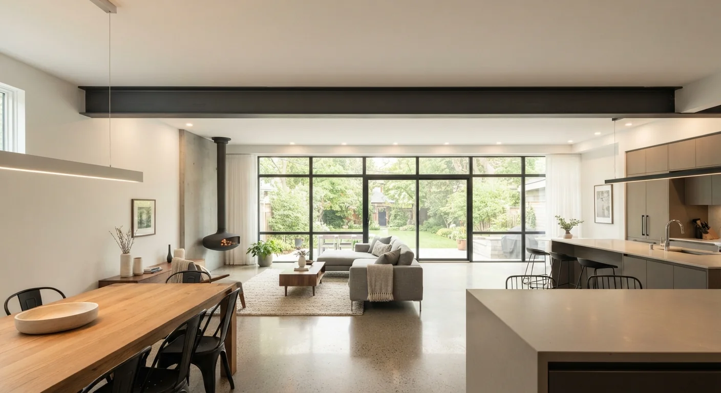 Wide interior architectural shot of a newly installed exposed steel beam spanning an open-concept living space, clean white ceiling finish, warm natural light streaming through large windows, modern renovation photography composition.