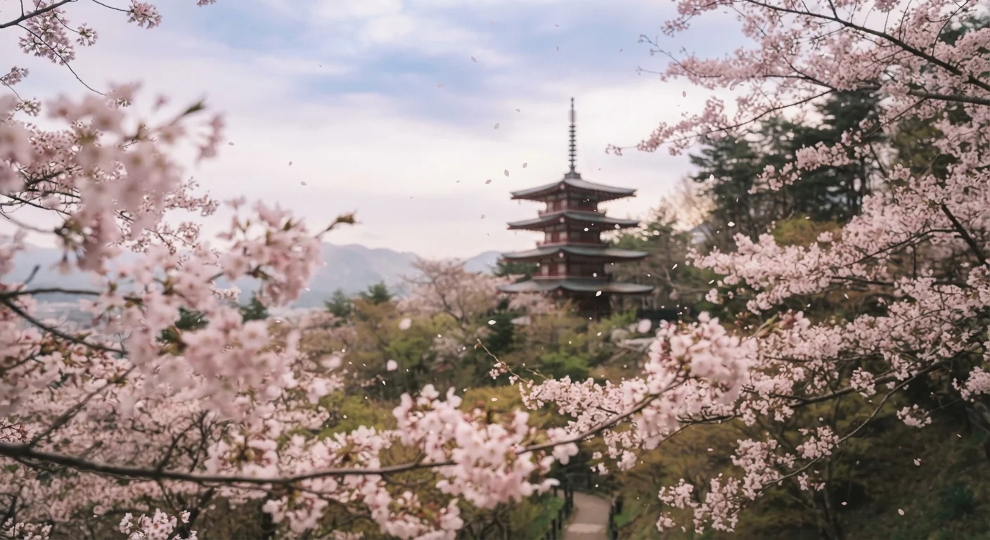 Soft pink cherry blossom branches framing a distant view of a traditional Japanese pagoda, gentle petals falling mid-air, muted pastel sky, shallow depth of field on the blossoms in the foreground, seasonal editorial composition.