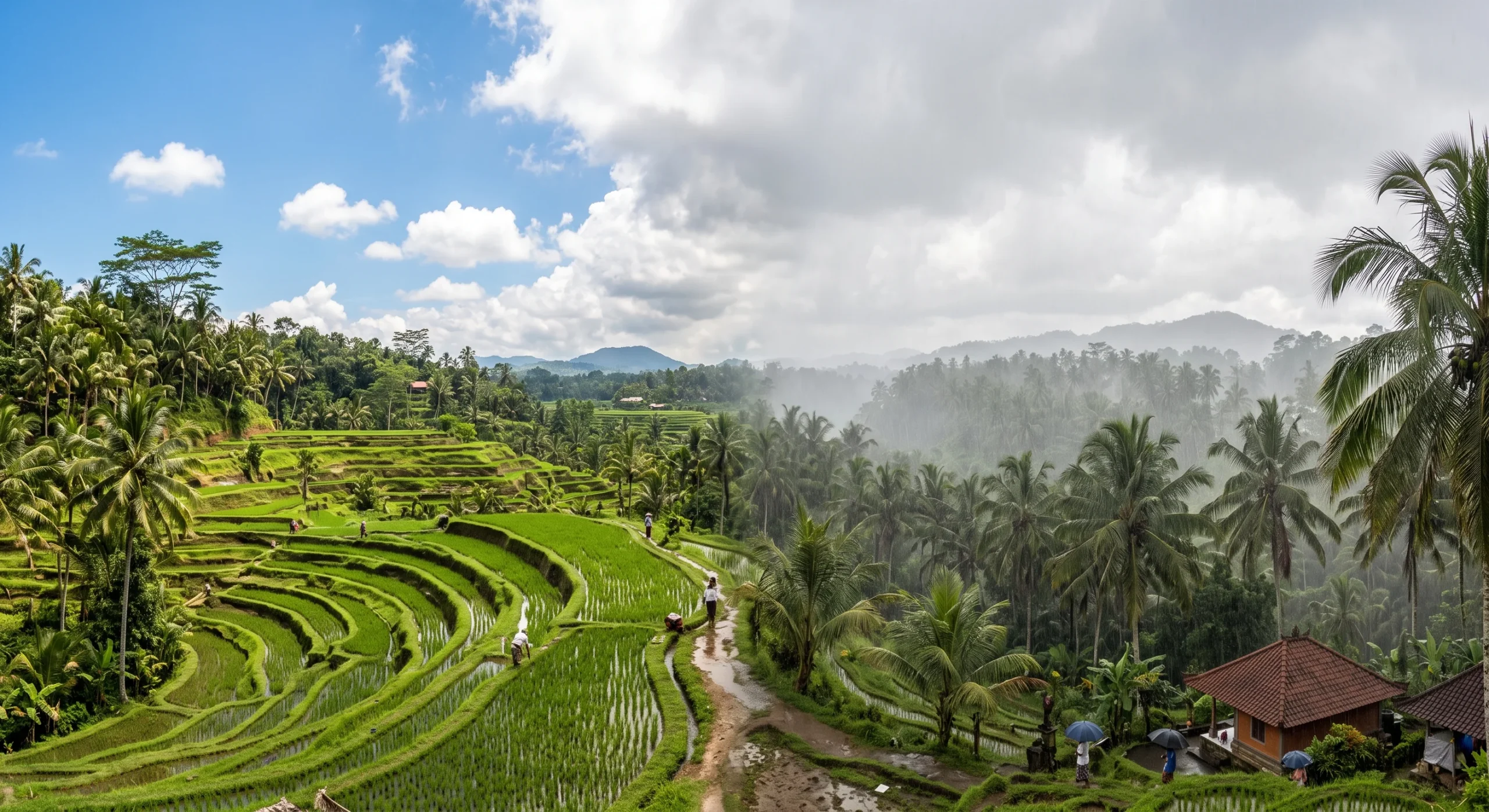 A split-sky composition showing a clear sunny dry-season day over Bali's rice terraces on one side, transitioning to a soft grey rain shower over palm trees on the other, subtle seasonal contrast, natural documentary lighting throughout.