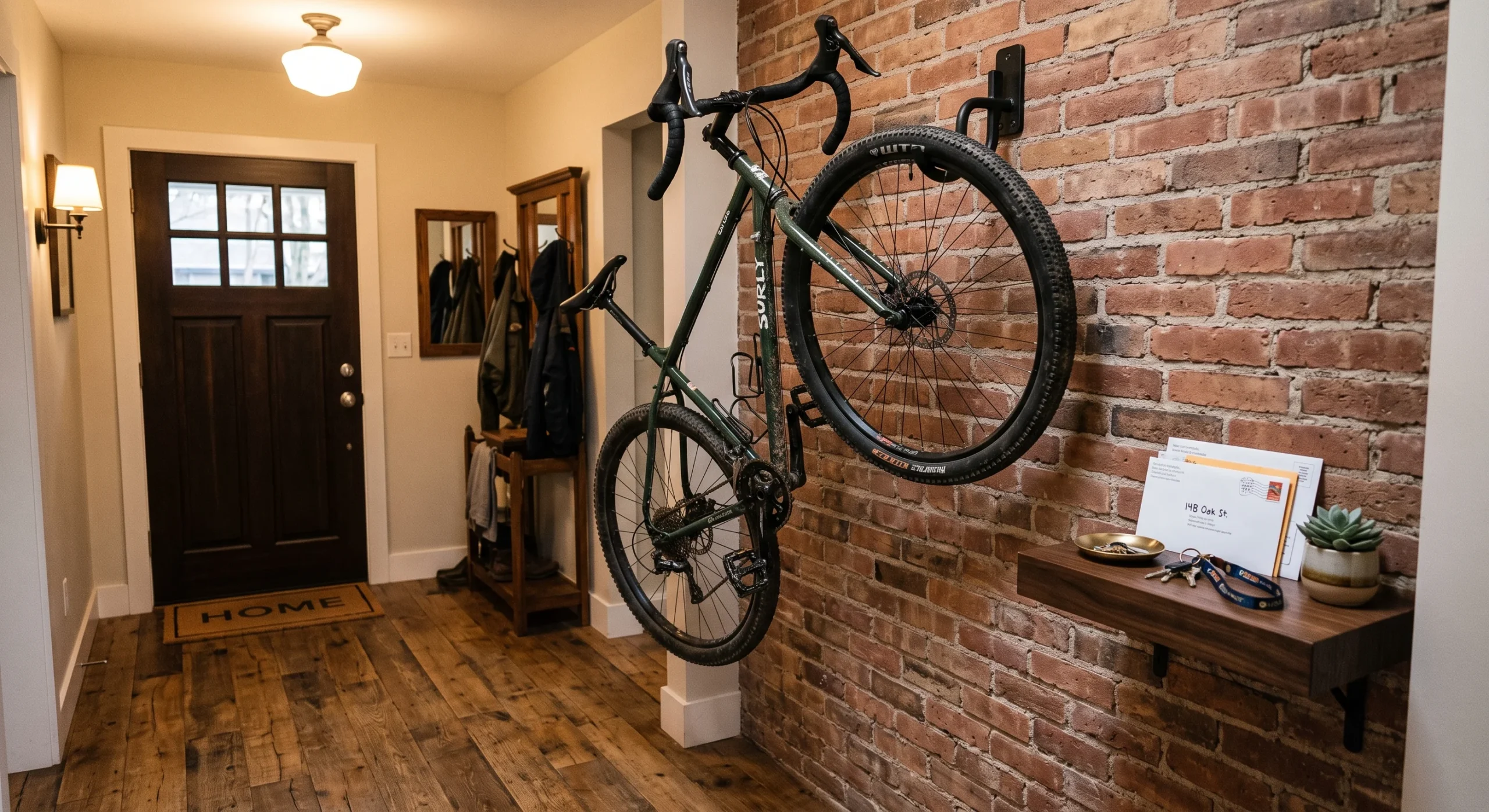 A bicycle mounted vertically on a wall hook near an entryway, front wheel elevated, a small shelf beneath holding keys and mail, warm entry light, close side-angle shot emphasizing the reclaimed floor space beneath the bike.