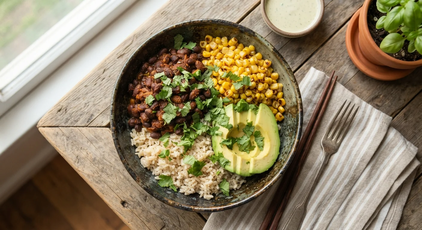 Overhead shot of a hearty black bean meal prep bowl with seasoned black beans, brown rice, roasted corn, and avocado, fresh cilantro scattered on top, natural light, wholesome vegetarian homestyle food photography.