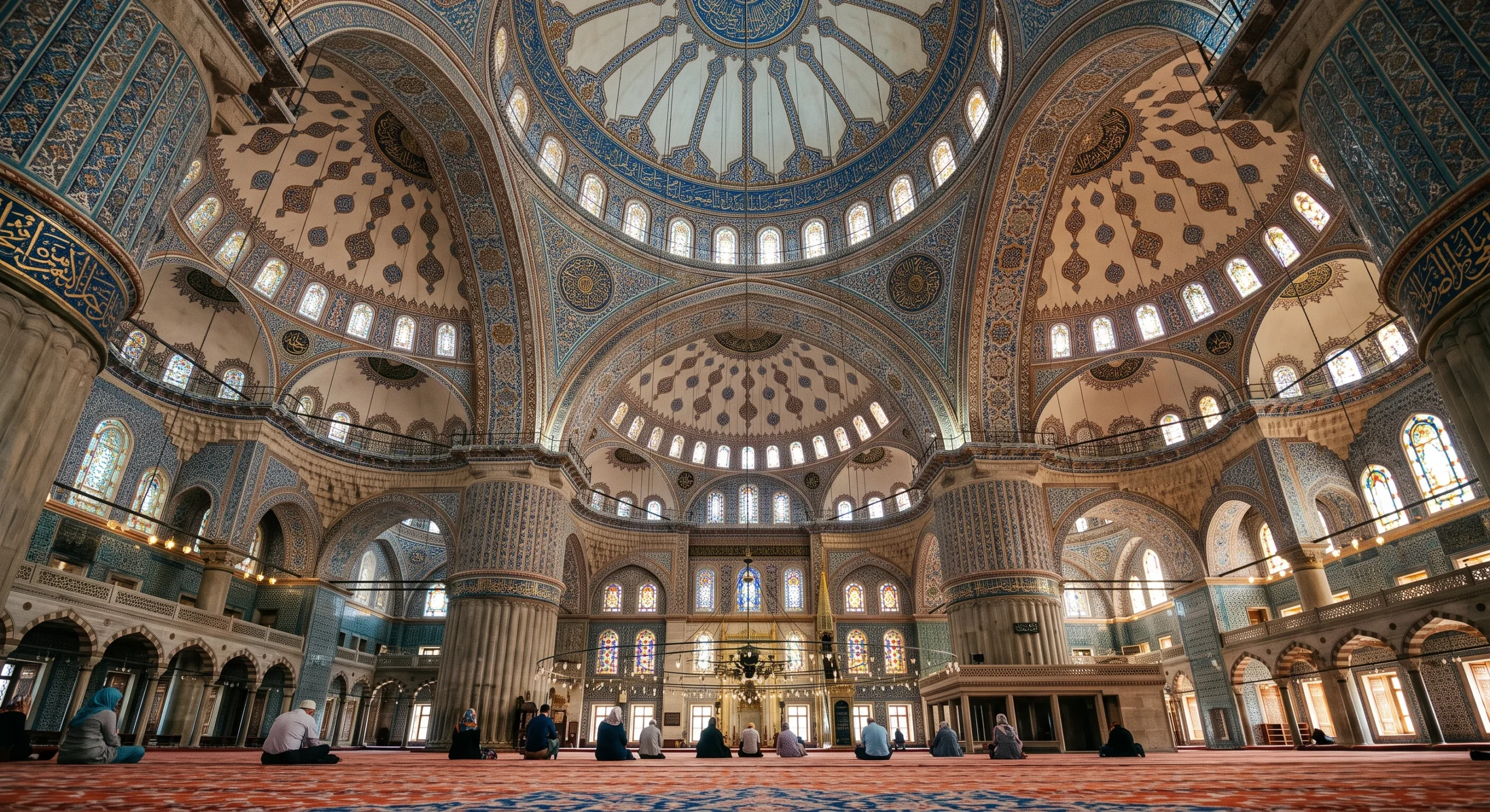 Interior shot of the Blue Mosque looking up toward the domed ceiling, intricate blue tilework and geometric patterns illuminated by soft natural light through stained glass windows, a few visitors seated quietly on the carpeted floor, reverent documentary composition.