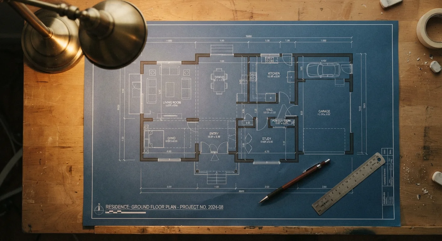 Overhead flat lay of an architectural floor plan blueprint spread across a drafting table, a pencil and small ruler resting on top, structural wall lines highlighted in a darker shade, warm desk lamp lighting, technical drafting photography style.