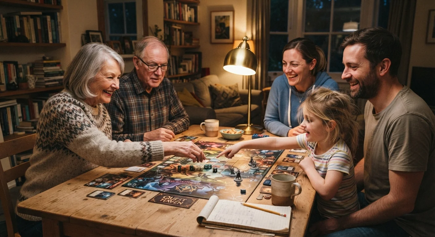 A family gathered around a board game with dice and a scorepad on the table, warm evening lamp light, wide shot capturing the playful energy around the game.