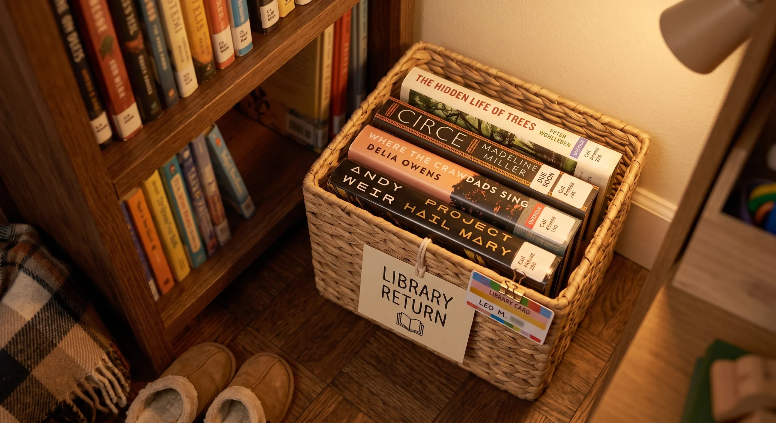 A small labeled bin near a bookshelf holding library books due for return, a library card clipped to the side, warm reading nook light, close overhead shot emphasizing the organized return-ready books.