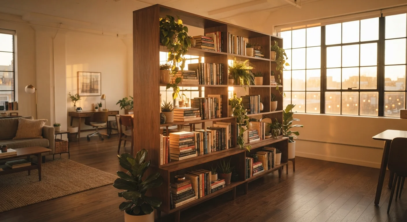 Wide establishing shot of an open-backed bookshelf used as a room divider, books and plants filling the shelves, golden-hour warm light streaming through from the far side of the room.
