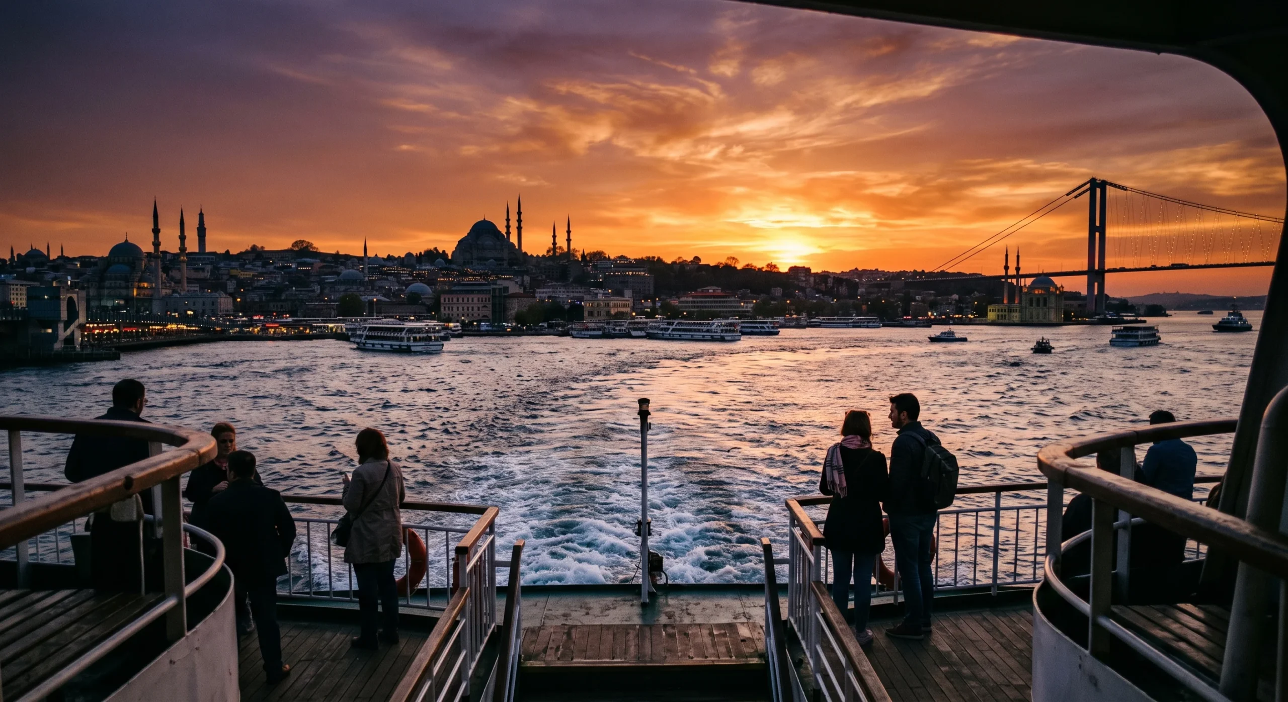 Wide shot from a ferry deck looking back at Istanbul's skyline at sunset, mosque silhouettes and the Bosphorus Bridge visible against a deep orange and purple sky, wake trailing behind the boat, romantic golden-hour documentary composition.