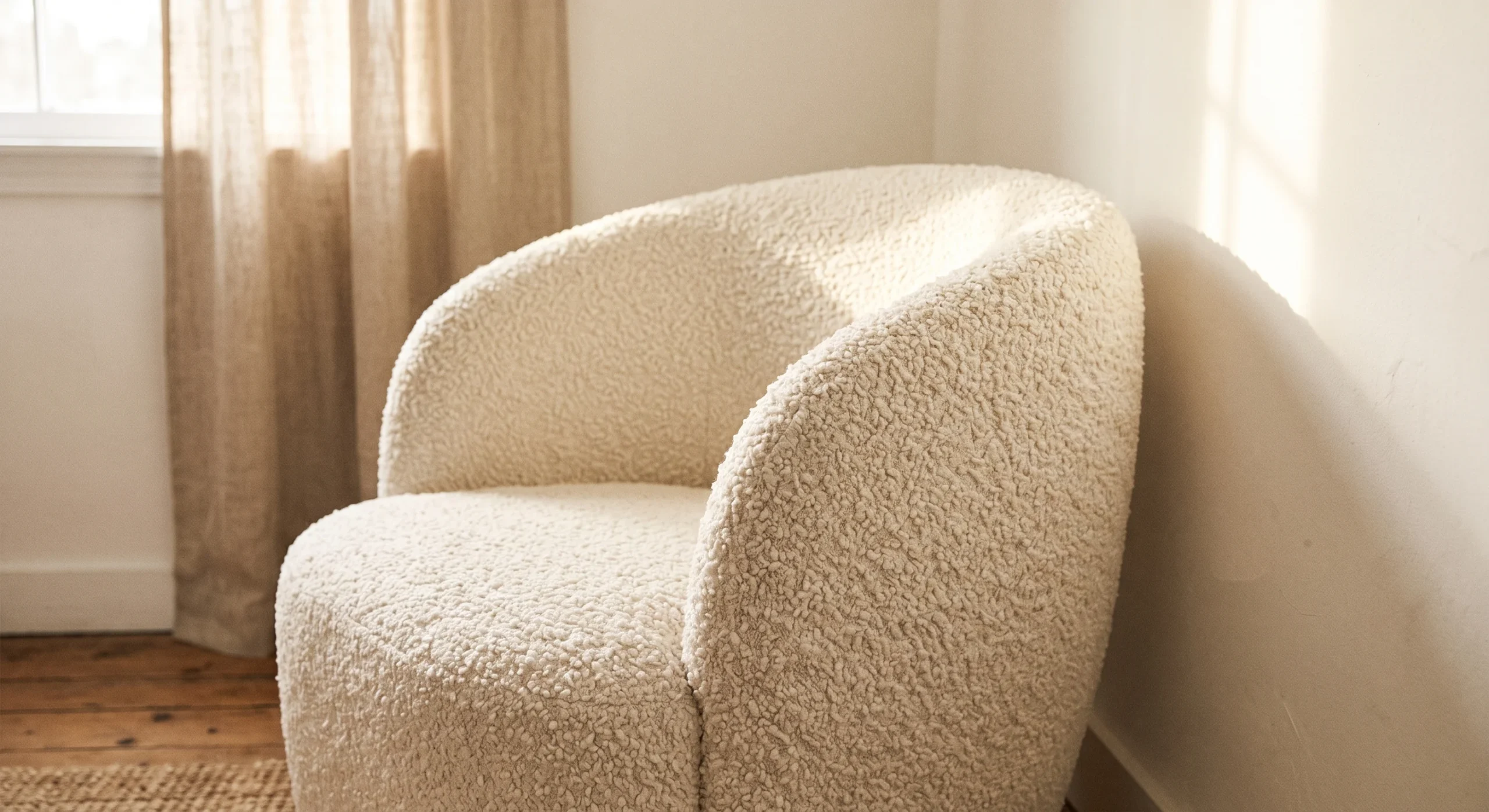 A rounded cream bouclé accent chair positioned near a sunlit window, soft natural light emphasizing the looped texture of the fabric, close angled shot showing the chair's curved silhouette against a plain wall.