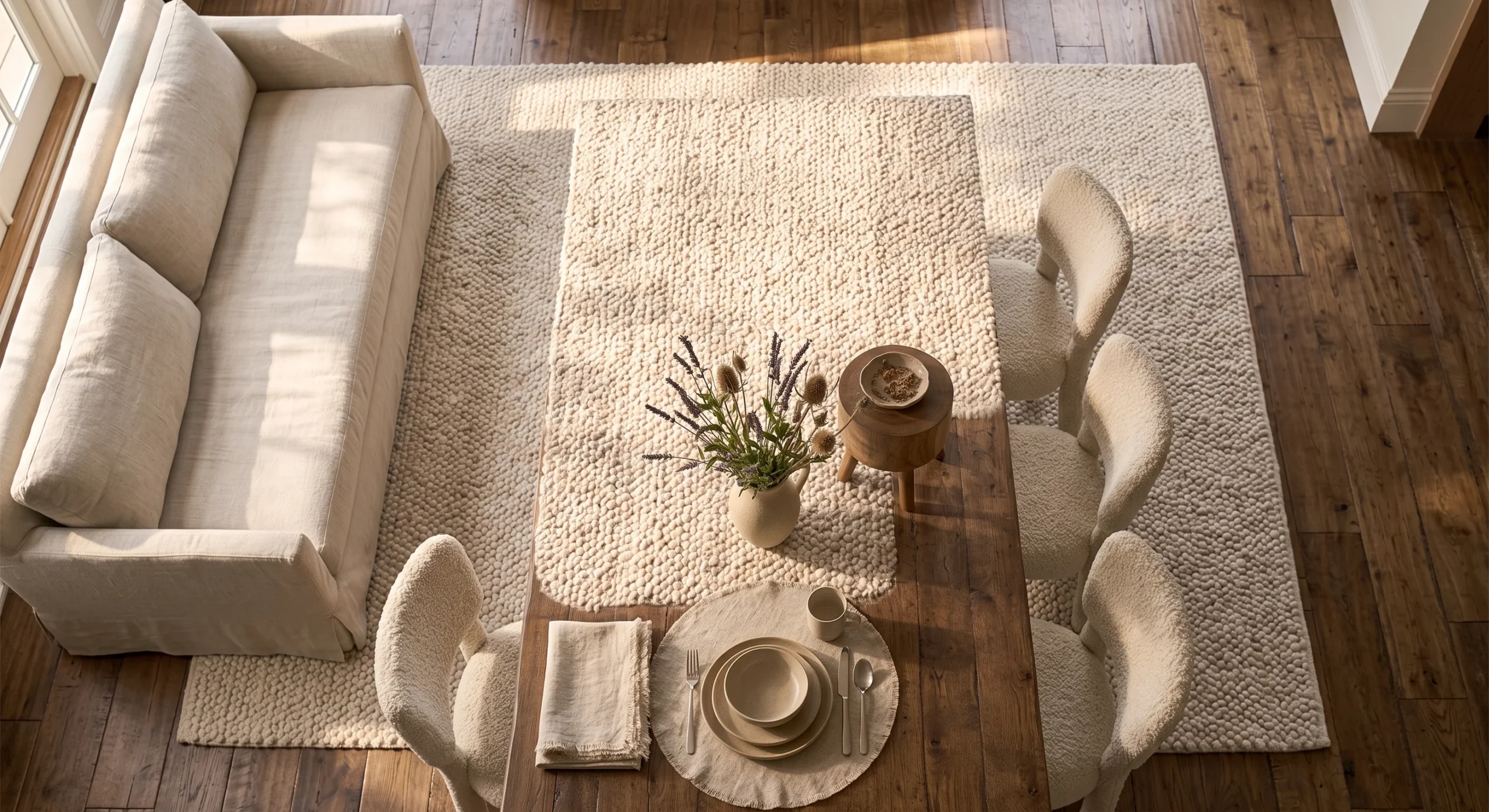 A cream bouclé-style textured area rug beneath a linen sofa, warm natural light emphasizing the rug's dense, looped pile, wide overhead shot capturing the rug's texture against a wood floor.