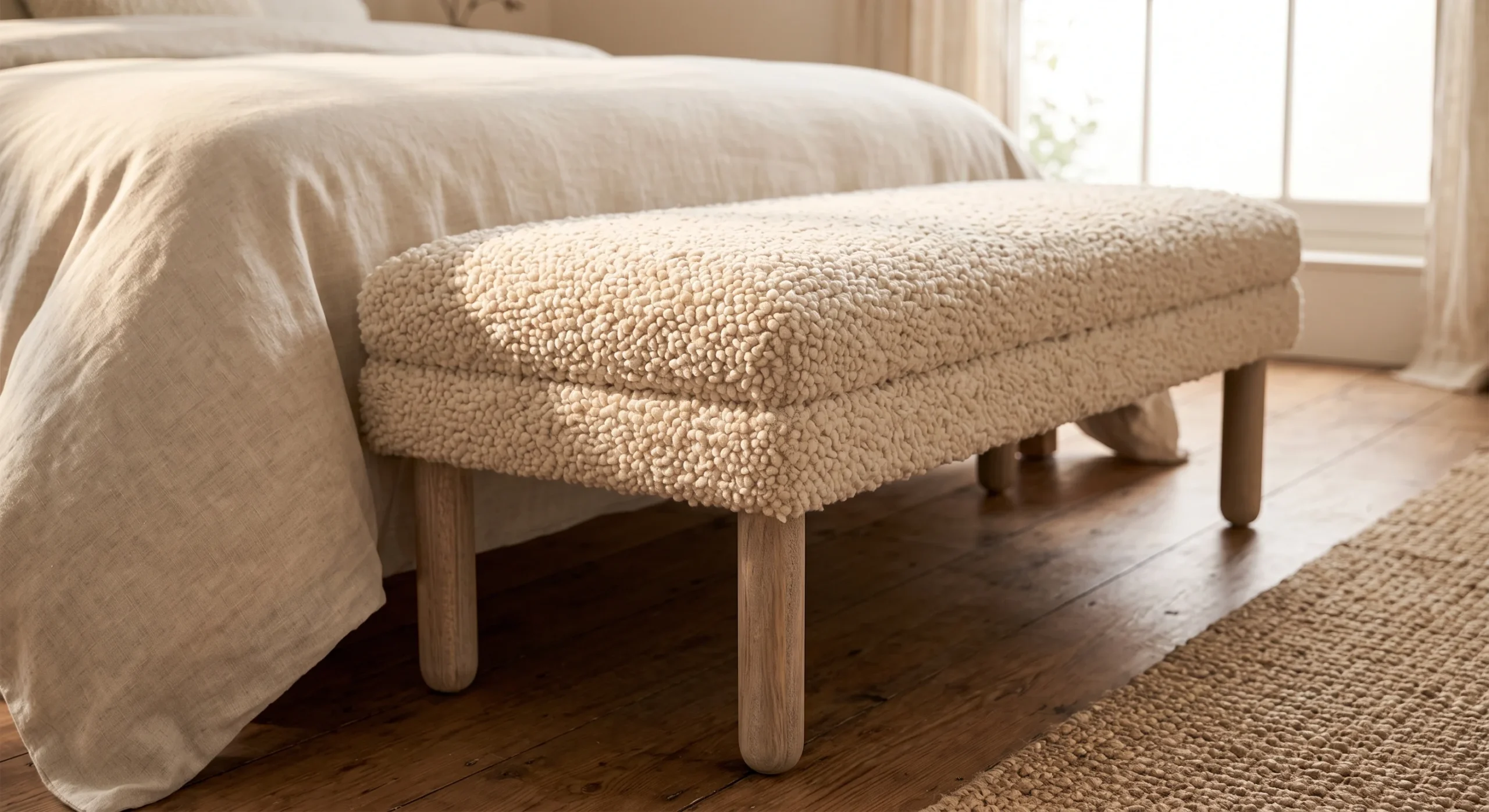 A low bouclé-upholstered bench seat at the foot of a bed, soft morning light emphasizing the fabric's looped texture against a plain wood floor, close angled shot capturing the bench's simple, rounded legs.