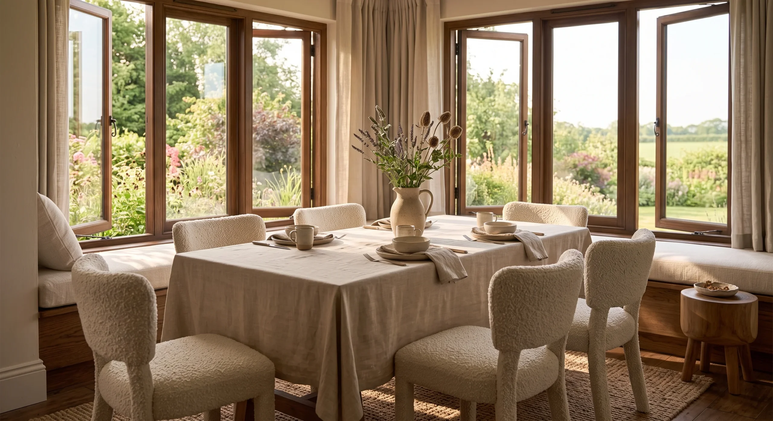 Bouclé-upholstered dining chairs surrounding a linen-covered table, soft natural light emphasizing the chairs' looped texture against the table's smoother fabric, wide shot capturing the full dining setting.