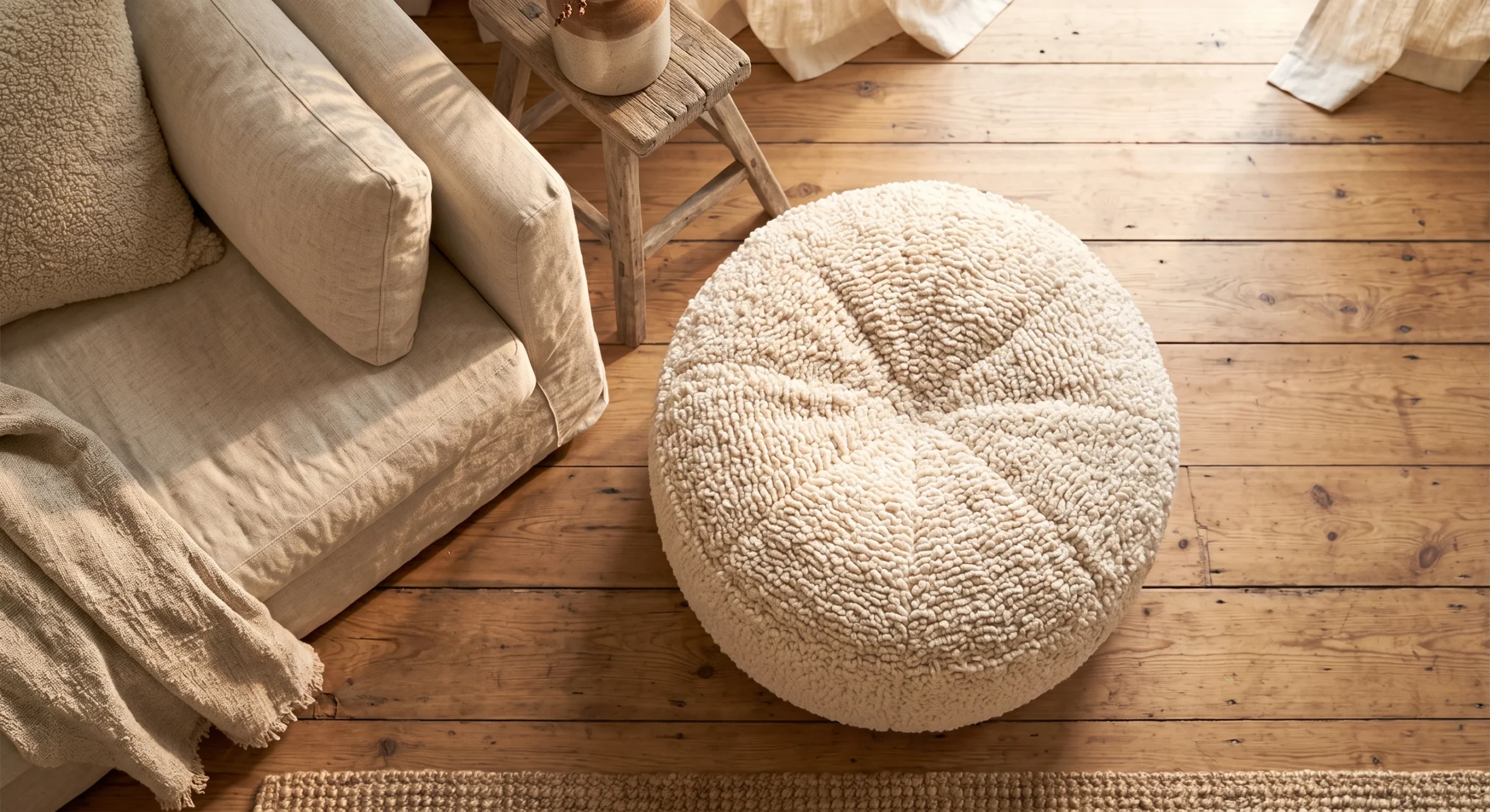 A round cream bouclé floor pouf positioned beside a linen armchair, soft natural light emphasizing the pouf's dense, looped texture, close overhead shot showing its rounded form against a wood floor.