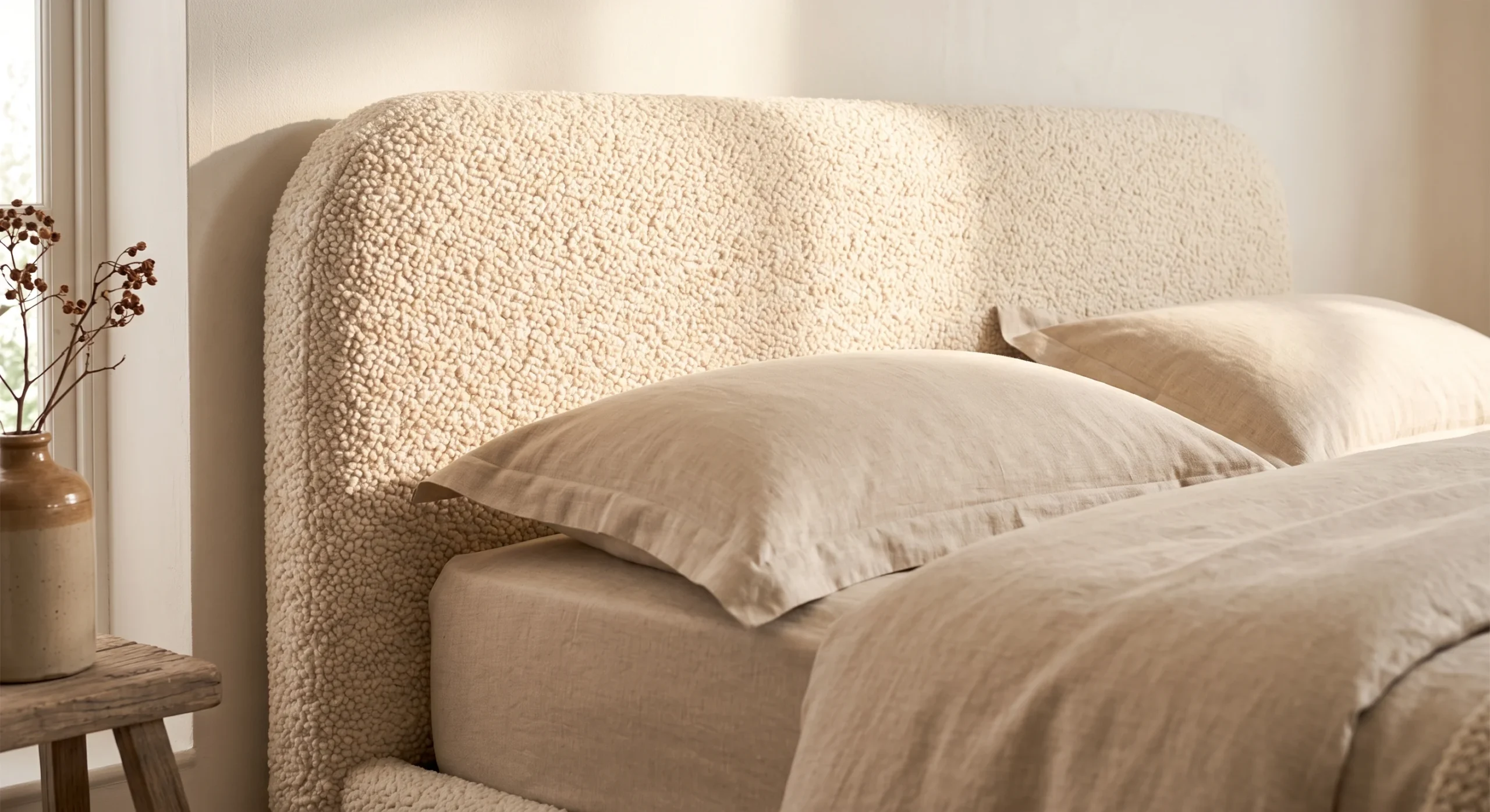 An upholstered bouclé headboard in soft cream behind a neatly made bed, warm natural light emphasizing the fabric's looped texture against plain linen bedding, close angled shot capturing the headboard's rounded top edge.