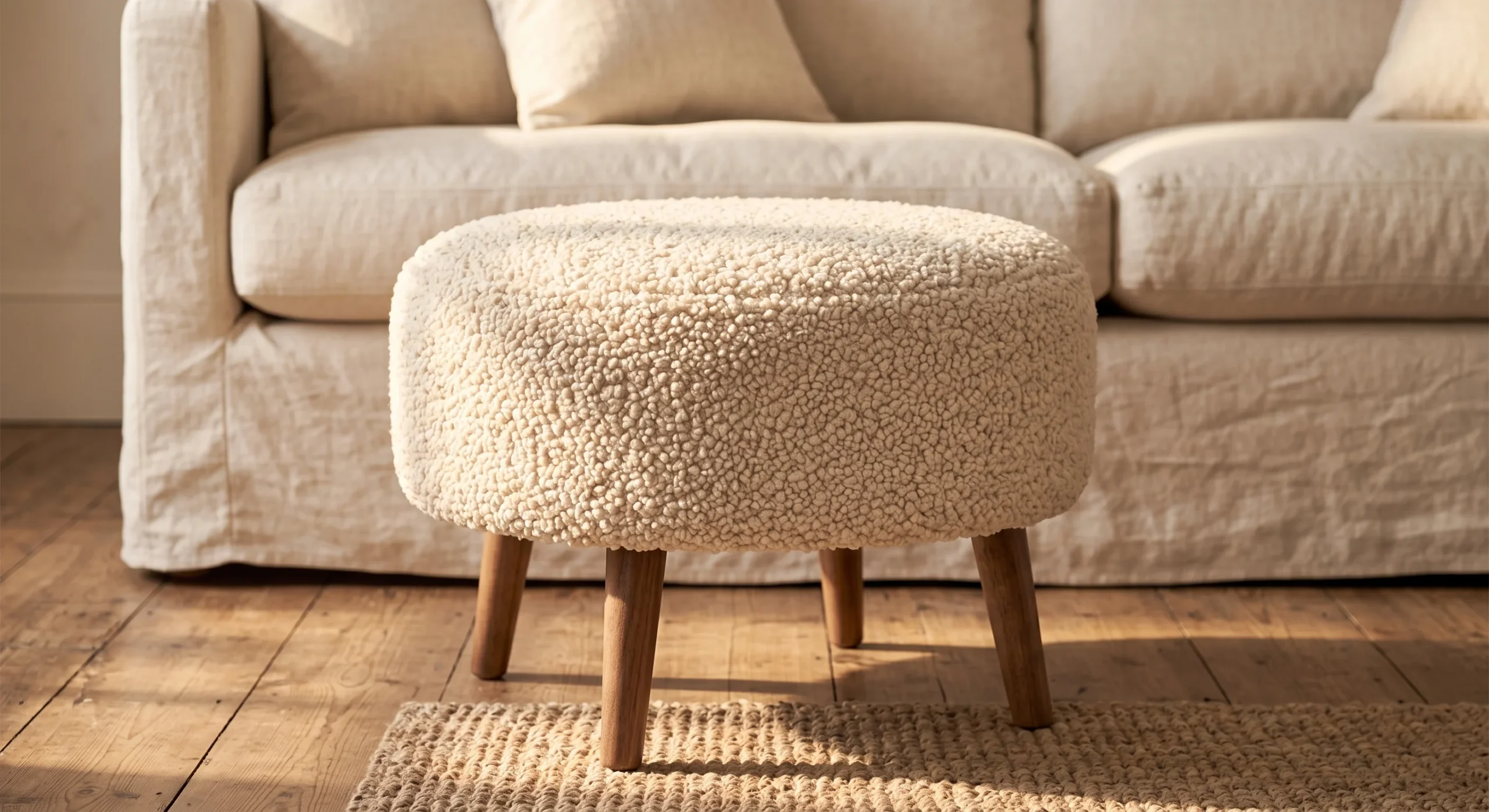 A round bouclé ottoman with tapered wood legs positioned in front of a linen sofa, warm afternoon light highlighting the fabric's dense, looped texture, close angled shot emphasizing the ottoman's rounded silhouette.