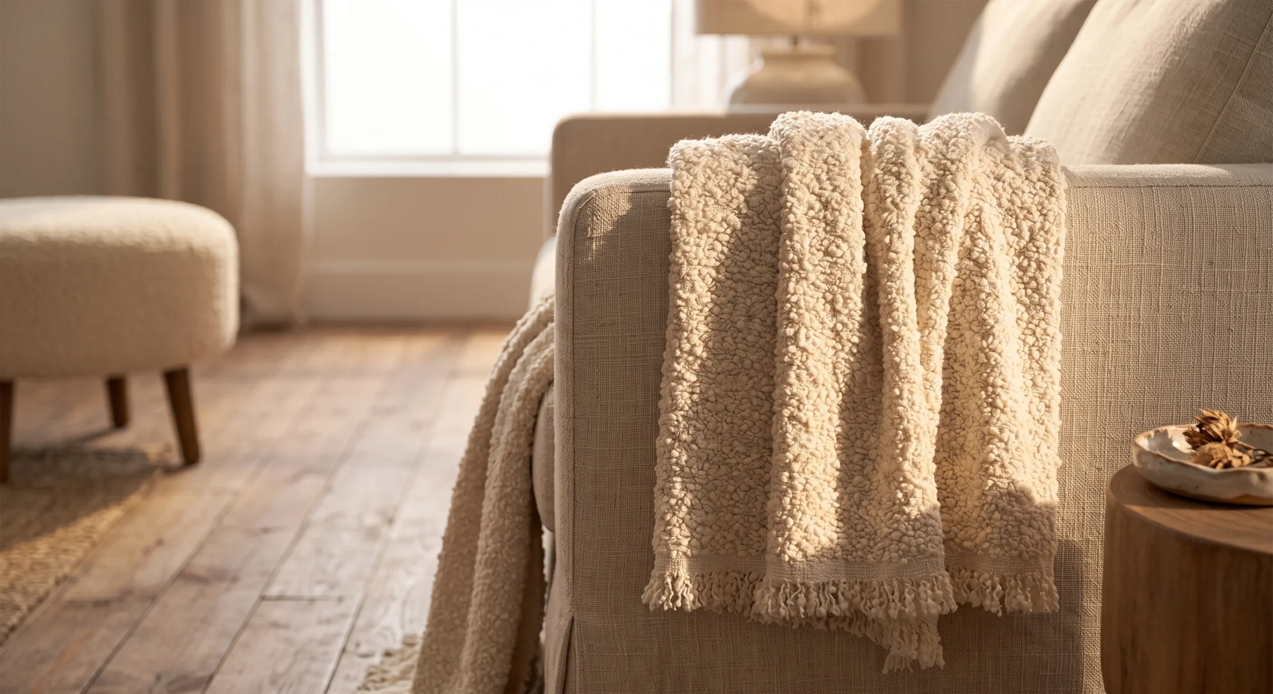 A cream bouclé throw blanket draped over the arm of a linen sofa, warm afternoon light catching the fabric's dense, looped texture, close angled shot emphasizing the blanket's soft, folded drape.