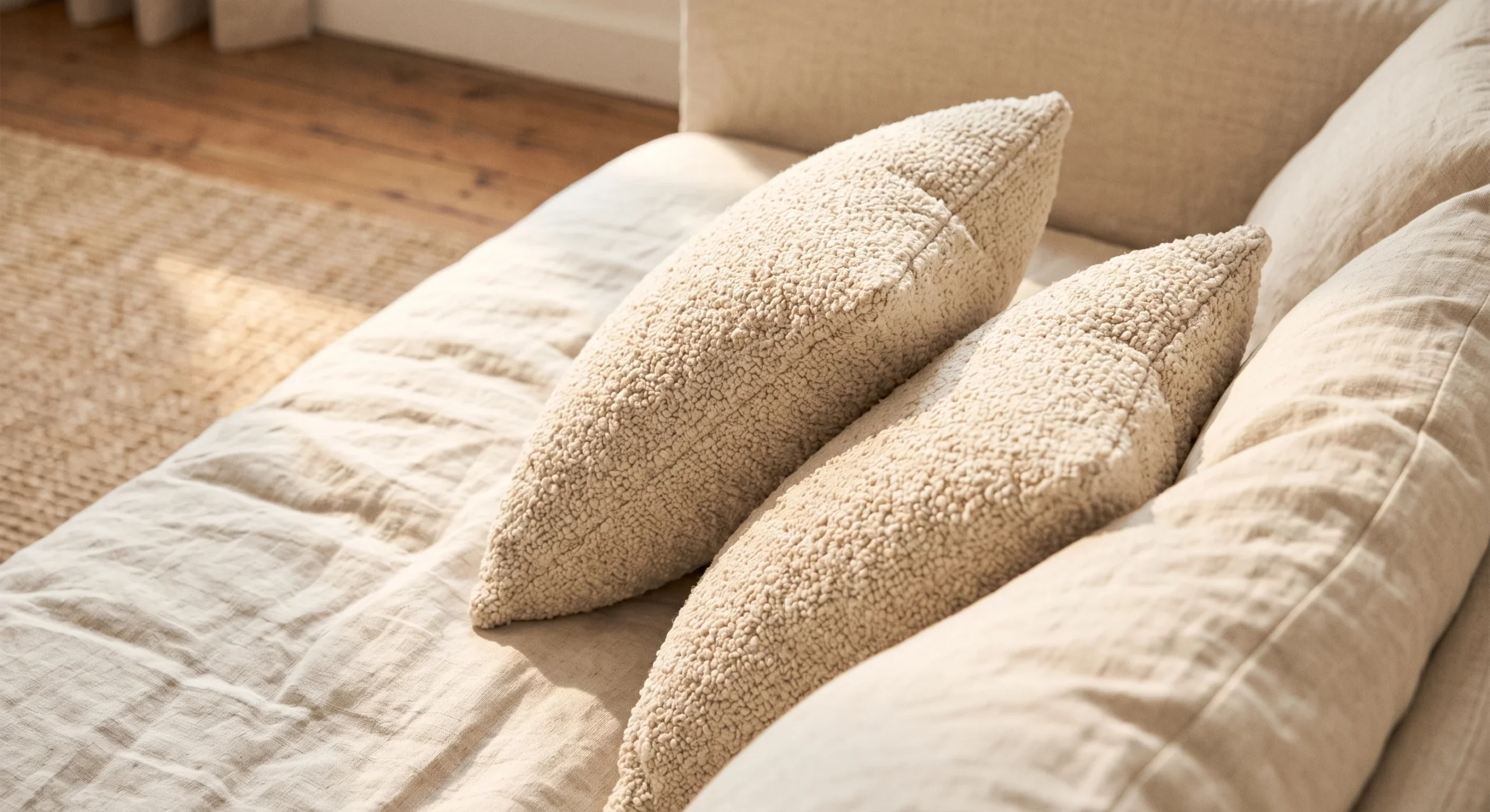 Two cream bouclé throw pillows arranged on a linen sofa, warm afternoon light catching the looped texture against the smoother linen fabric beneath, close angled shot emphasizing the contrast between the two materials.