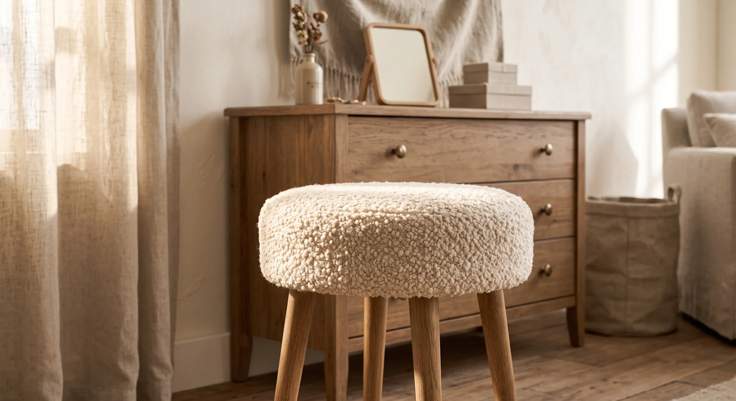 A small round bouclé vanity stool with slender wood legs positioned in front of a dresser, warm natural light emphasizing the fabric's dense, looped texture, close angled shot capturing the stool's compact form.
